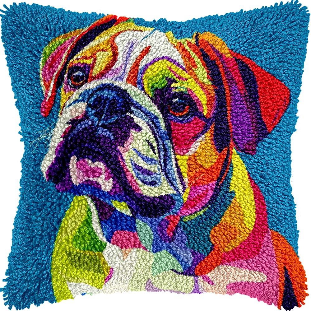 English Bulldog Latch Hook Kits Pillow Colorful Printed Cushion Crochet Yarn Needlework DIY Hook Latch Kit Pillowcase Rug Cover Home Sofa Christmas Decoration 43x43cm(2)