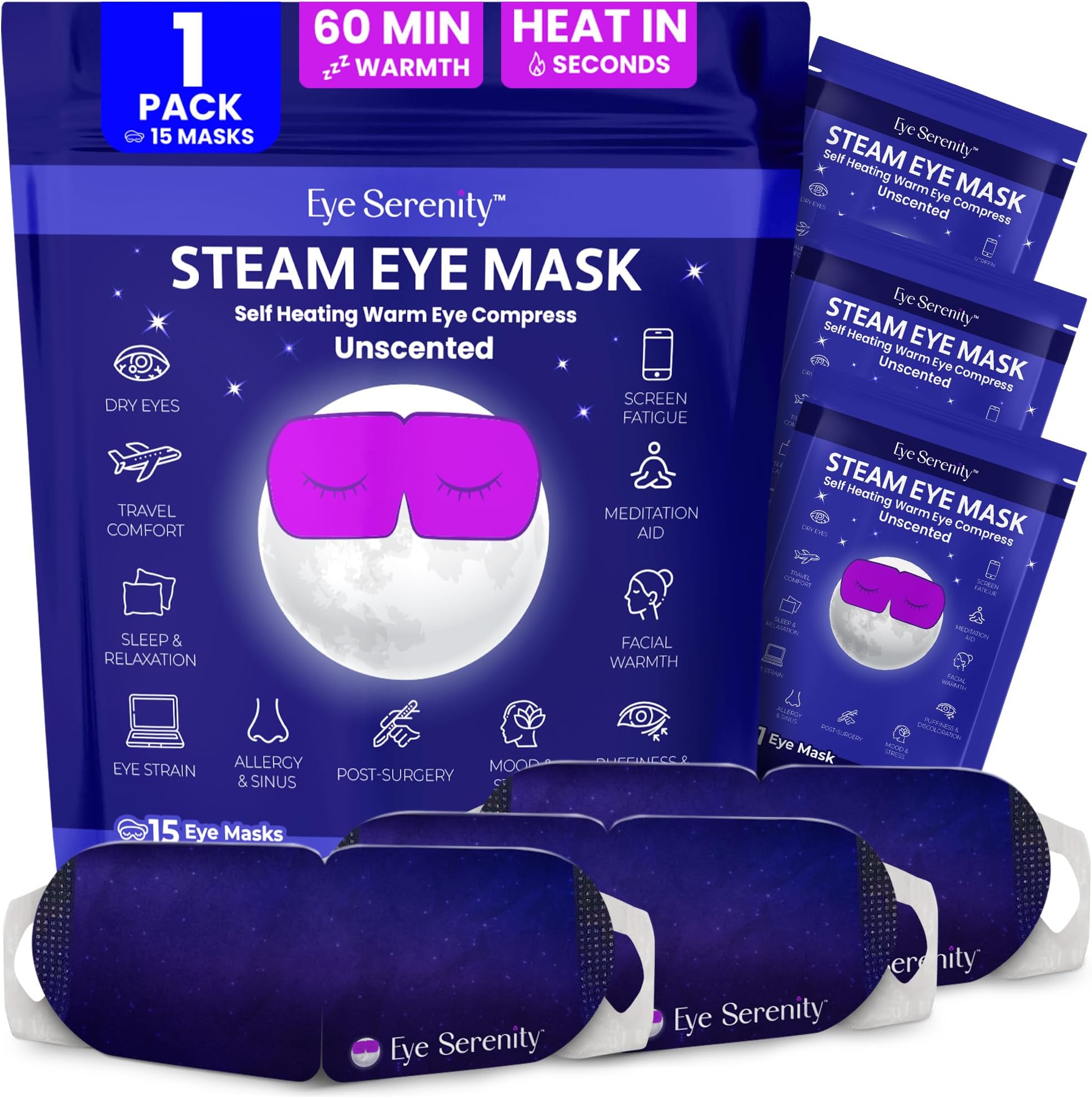 Steam Eye Mask Self-Heating Warm Compress for Dry Eye, Fast Relief for Stye Eye, Puffy Sensitive Eyes - 15 Pack FSA HSA Eligible