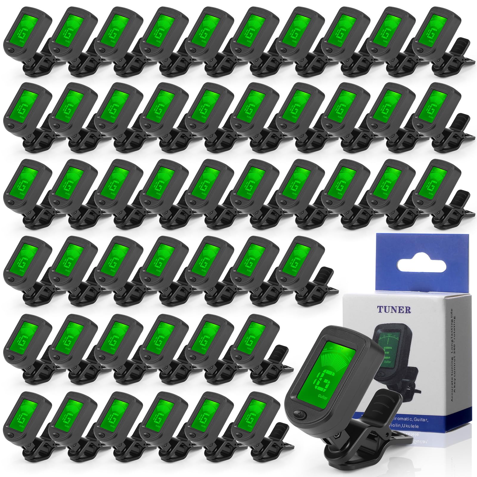 Boao Lot de 50 accordeurs de guitare à clipser avec modes chromatiques, écran LCD numérique électronique, rotation à 360 degrés pour guitare acoustique/électrique, ukulélé, basse, violon, banjo