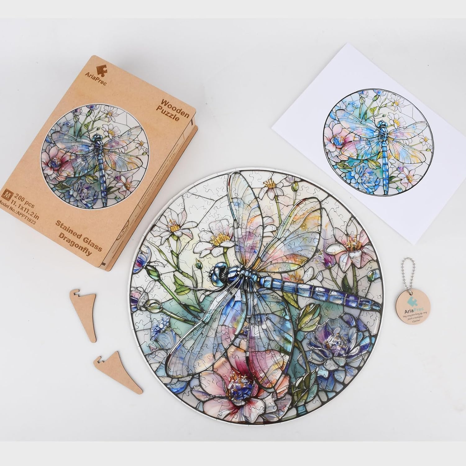 Stained Glass Dragonfly Wooden Jigsaw Puzzle for Adults - 300 Pieces, 13.4" x 13.4" - Unique Spring Insect Art, Creative Gift & Fun Family Game Activity