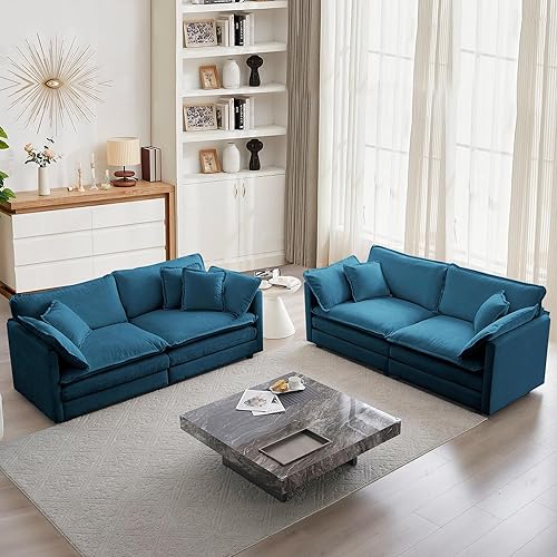 mikibama Luxury 2 Piece Sofa Set, 2 Pieces of Loveseat Sofa, Modern Chenille Comfy Cloud Couches Set for Living Room Office with 4 Armrest Pillows and 4 Toss Pillows, Blue