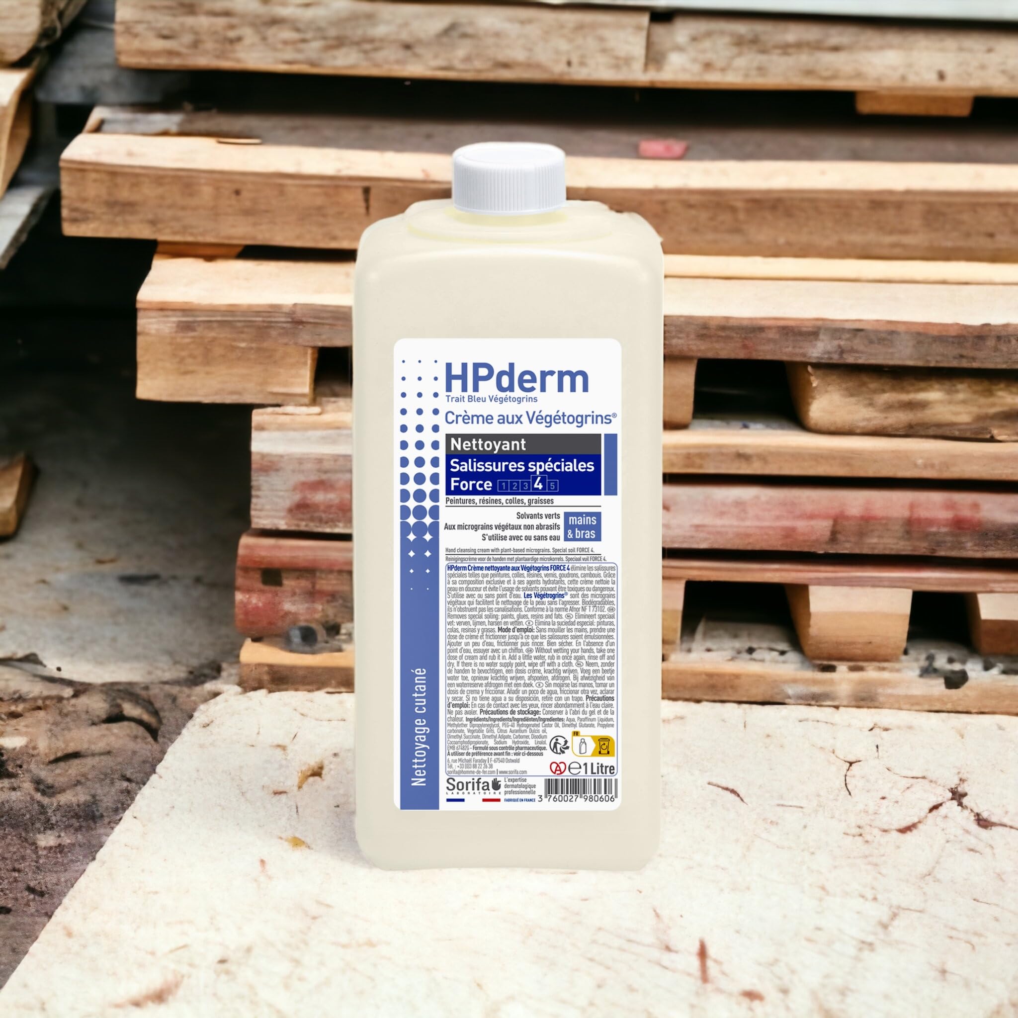 HPderm Crème nettoyante Force 4 - Mains et bras – Graisse, peinture, encre, mastic, goudron, colle, mousse - Sans savon – Flacon 1L.