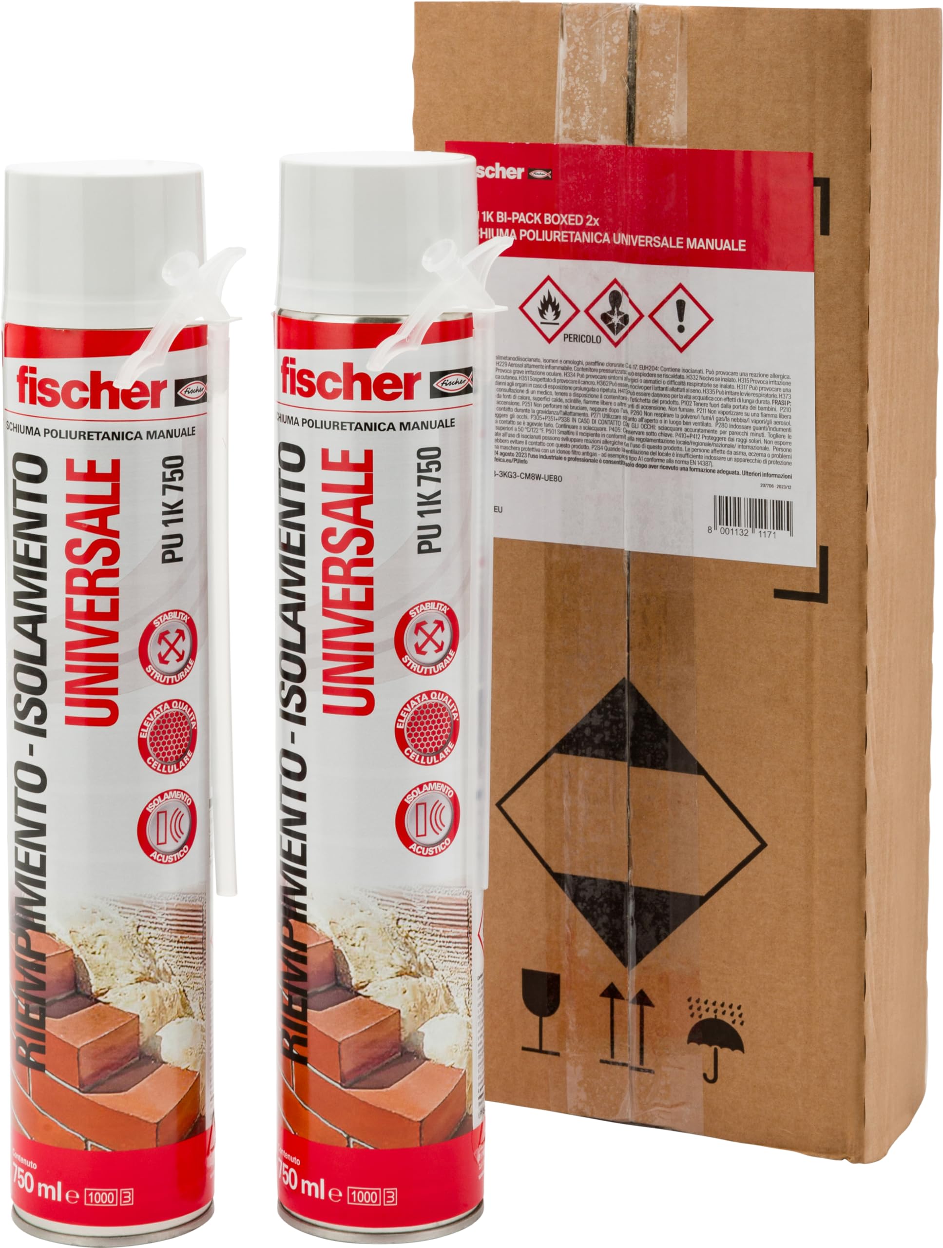 Fischer Bi-Pack Schiuma Poliuretanica Universale Espansa PU 1K in Imballo Protettivo con Erogatore, 2x 750 ml