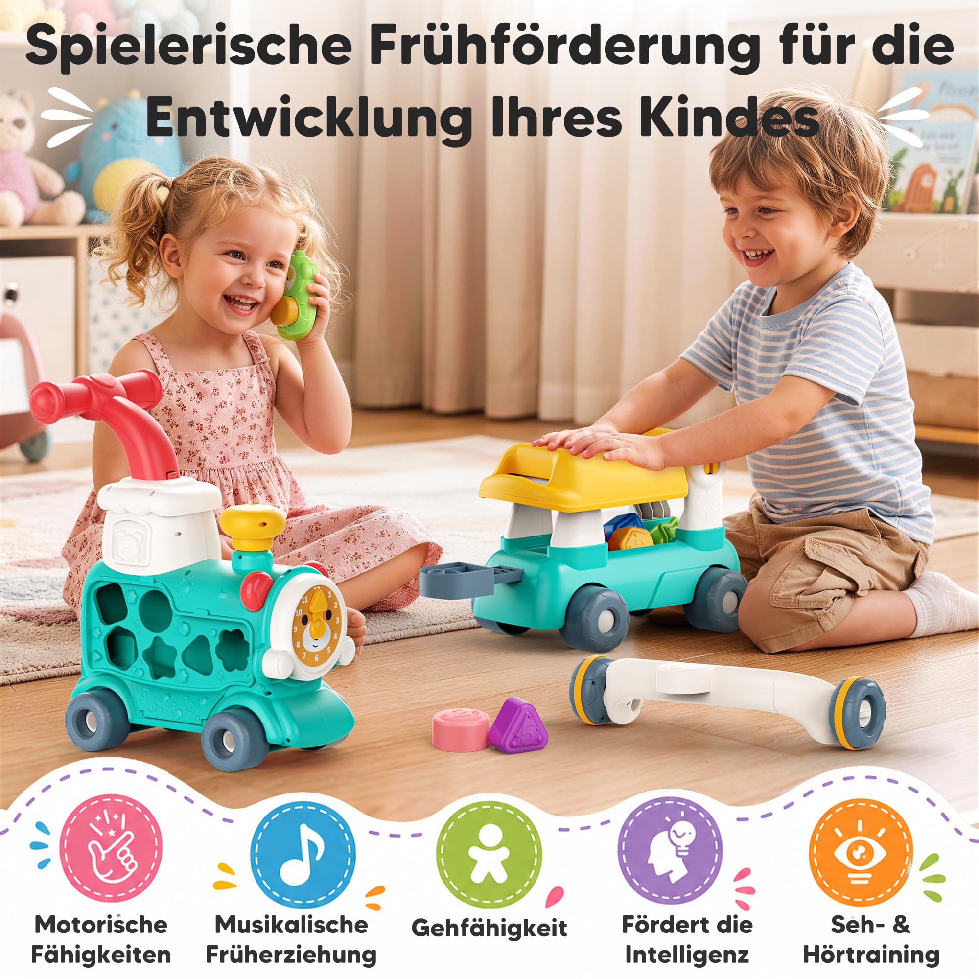 5in1 multifunktionaler Lauflernwagen ab 6 Monaten, Baby Walker Zug mit Aktivitätszentrum, Musik und Sprühfunktion, interaktive Lauflernhilfe, Schiebespielzeug, Motorik- und Lernspielzeug