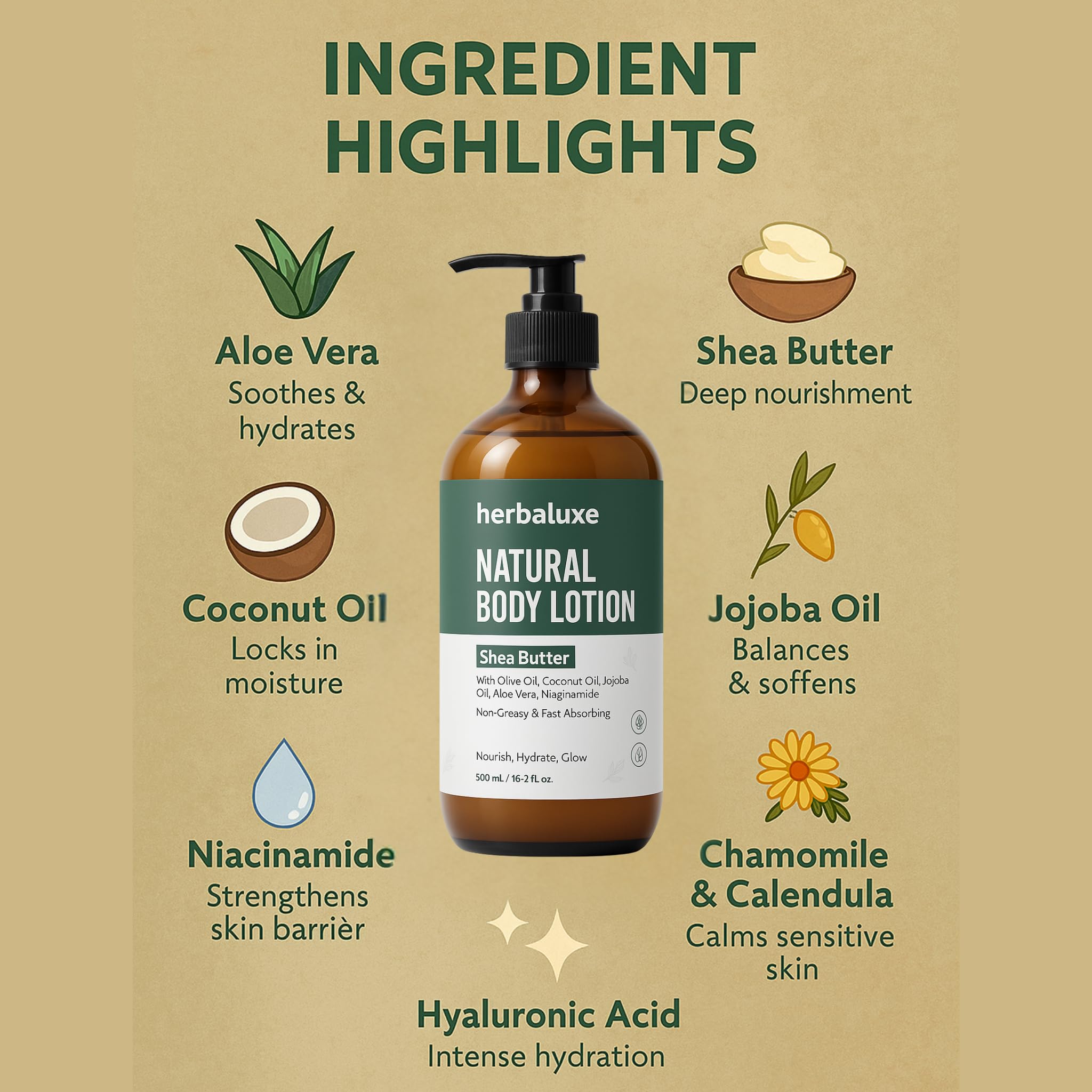 Herbaluxe Natural Body Care Cream 500ml - Organic Aloe Vera, Coconut Oil & Shea Butter Moisturising Lotion with Vitamin E - Image 2