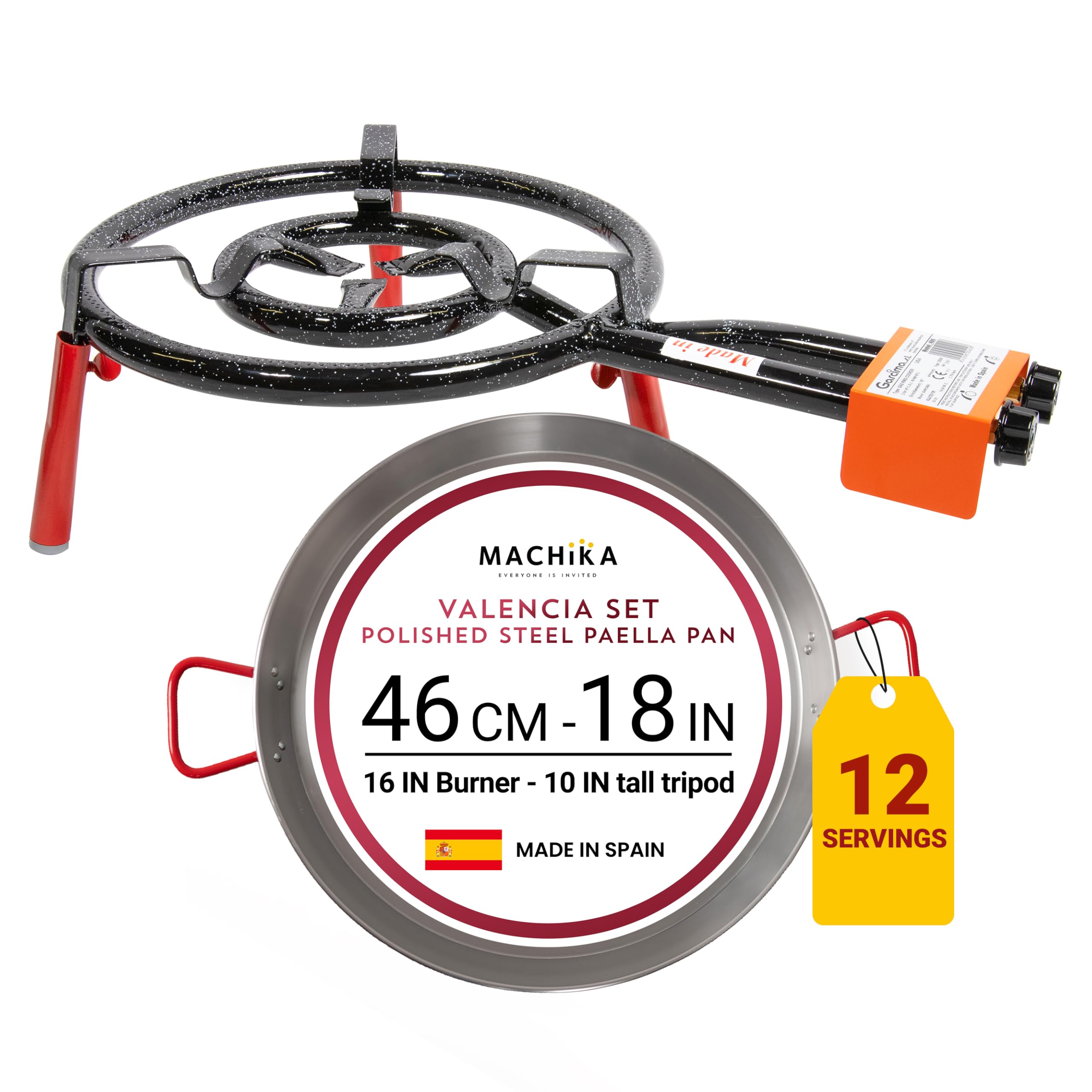 Machika Valencia Paella Kit with 18-inch Carbon Steel Pan | 8-16 in Double Ring Paella Burner and Stand Set (10 in) | Perfect for Gastronomic Events,