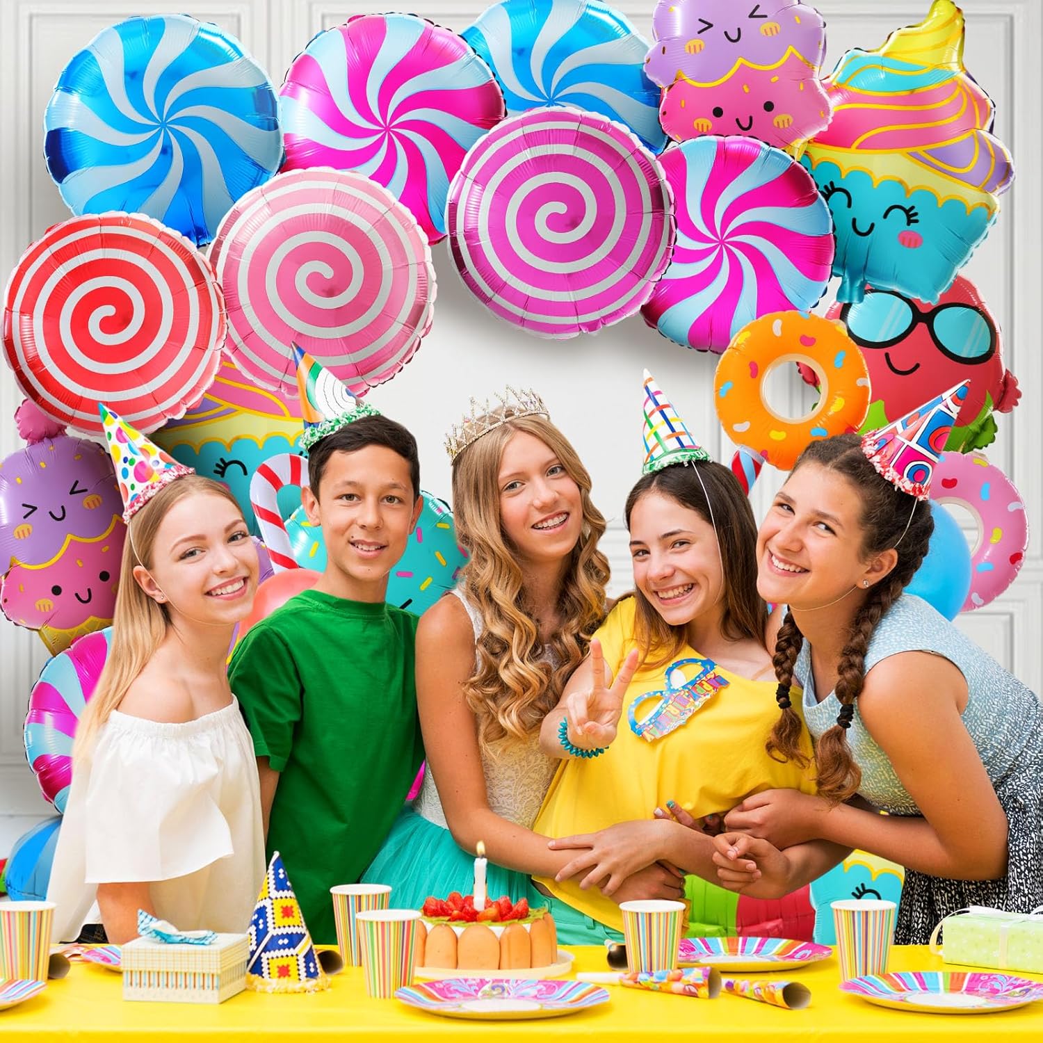 Soulchen 30 Pcs Candy Party Decorations, Large Candy Balloons Set - 8 Inflatable Lollipop, 8 Cane Balloon, 4 Ice Cream, 10 Foil Candies Balloons for Sweets Birthday Party(30 Pcs,Cute)