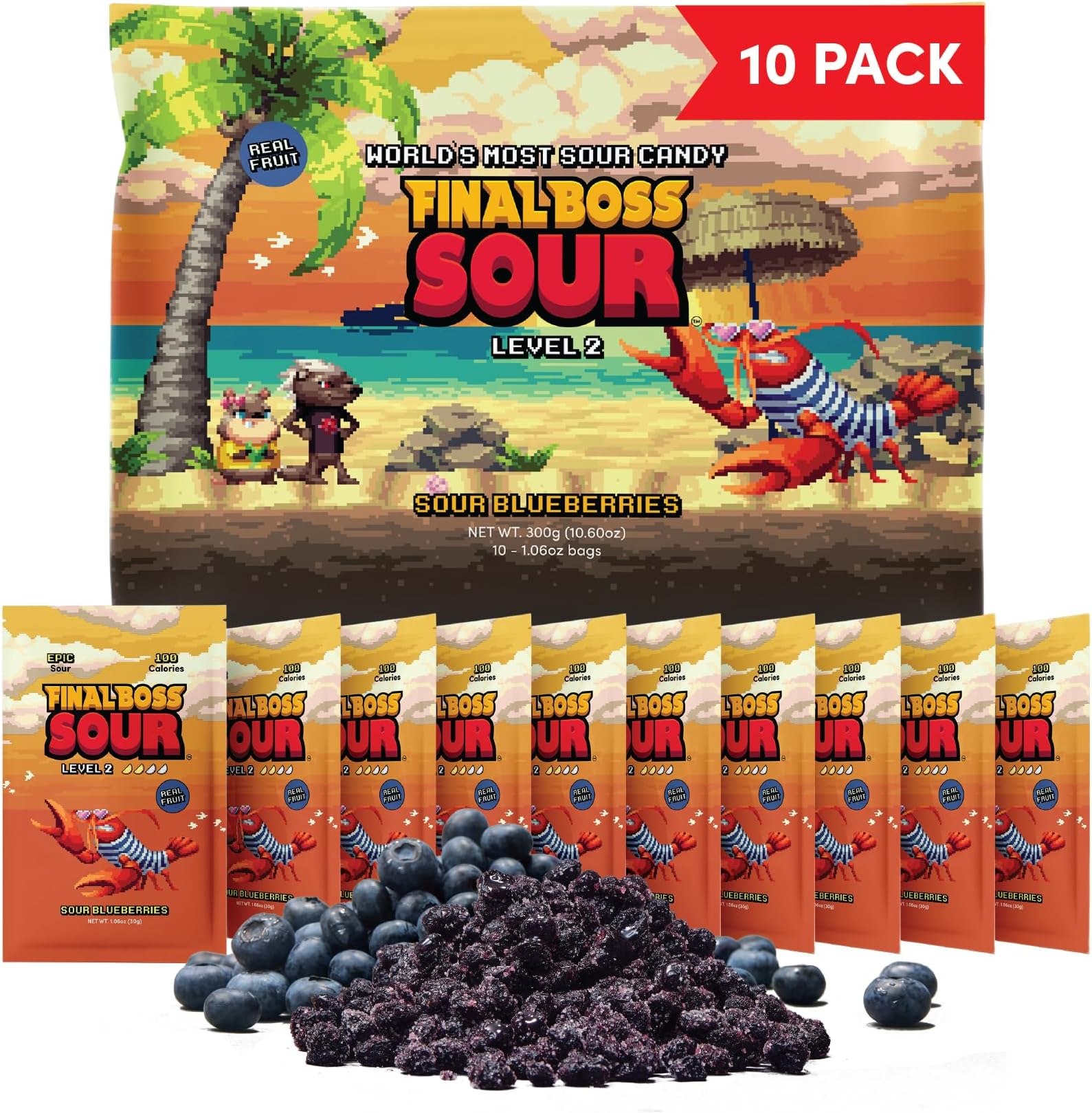 Final Boss Sour Candy, Sour Blueberries, 10 Pack, Level 2, Fruit Chews with Real Dried Fruit, No Artificial Colors or Flavors, Low Calorie Snack for Kids, Teens, Adults, Lunch Boxes