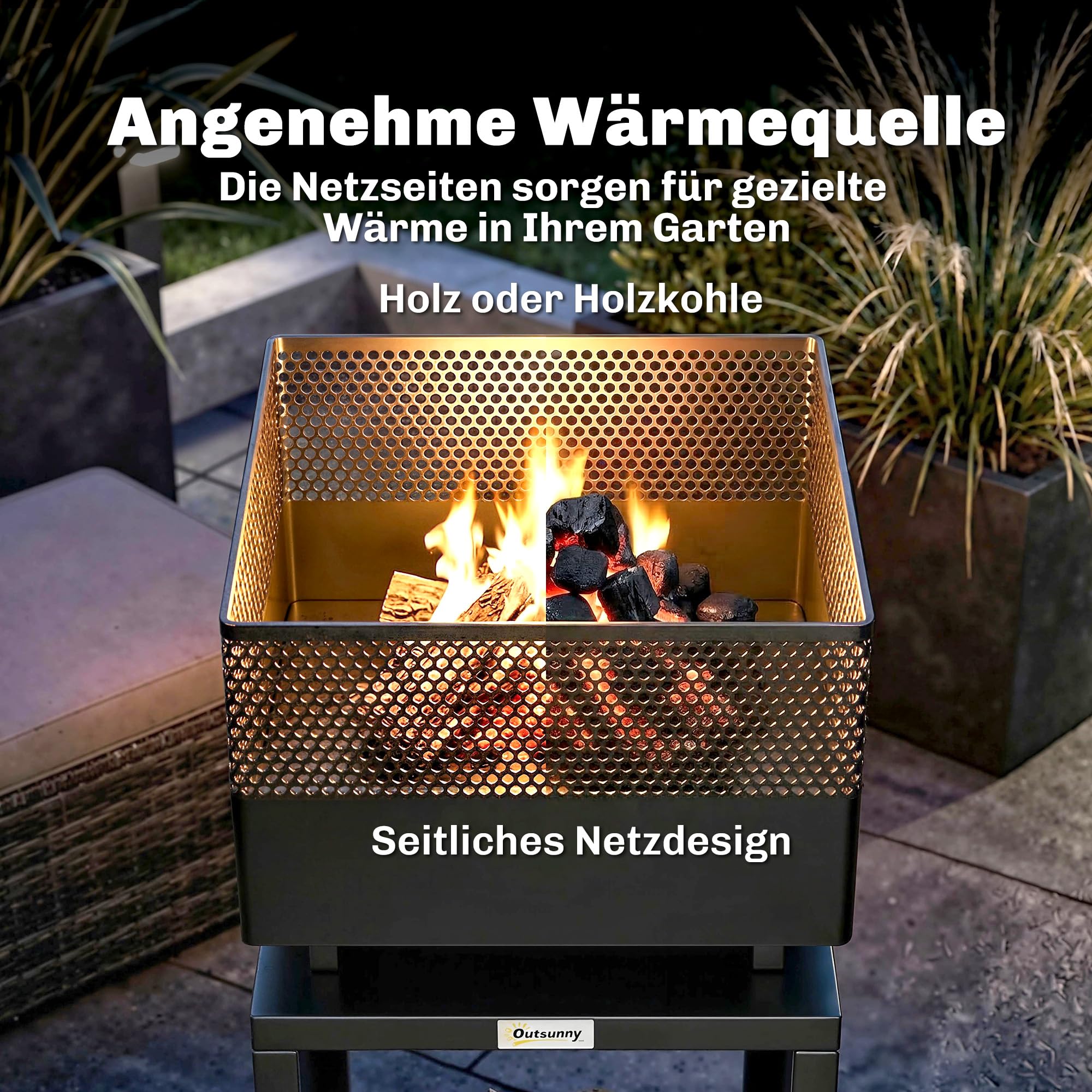 Outsunny Feuerschale mit Holzlager Kohlegitter 39 x 39 x 87 cm Schwarz | Feuerstelle, Verstellbaren Füßen, Feuerschalen Feuerkorb, für Garten Balkon Terrasse, Outdoor BBQ Camping
