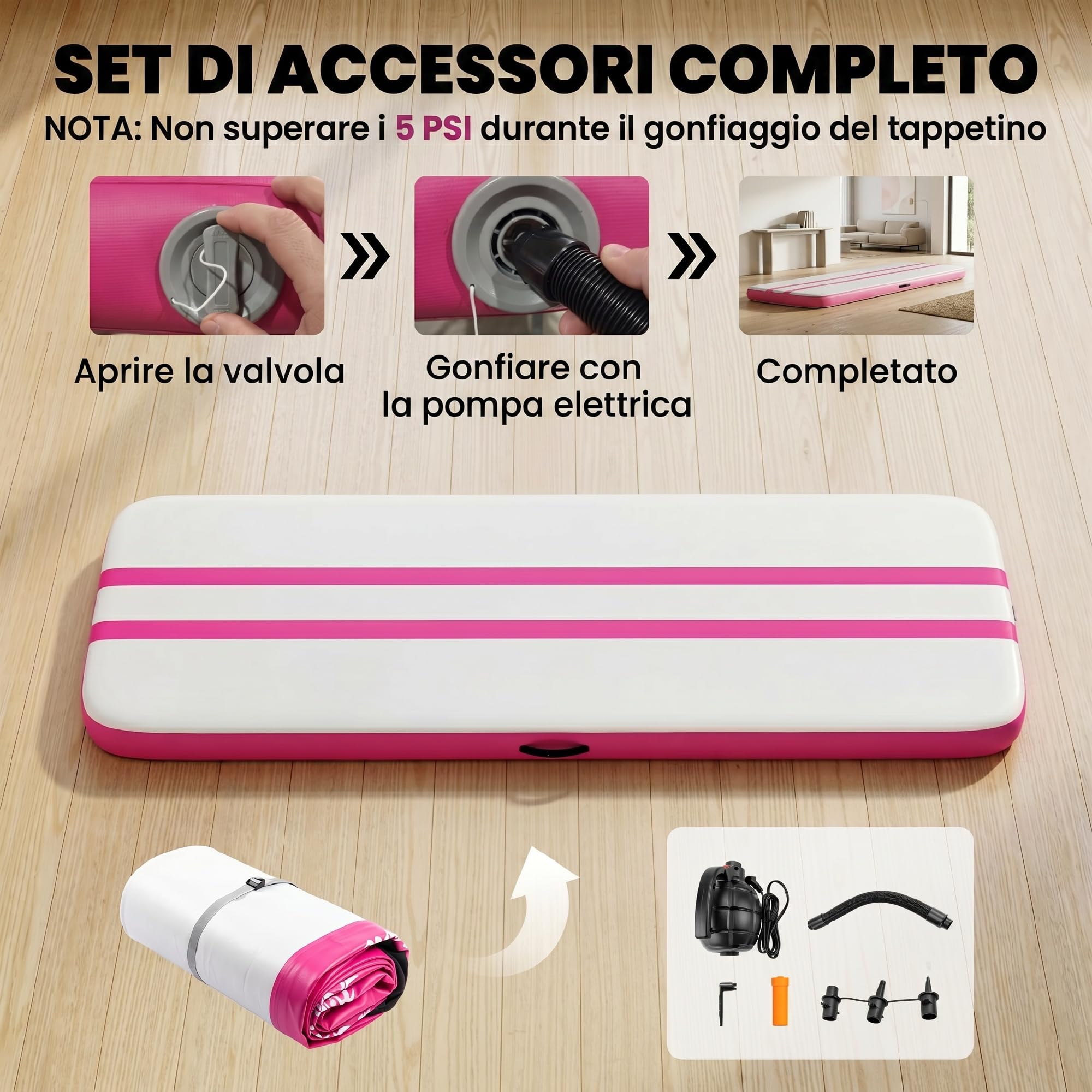 SPORTNOW Tappetino Gonfiabile per Ginnastica, Tappeto Ginnastica Artistica 10cm Spessore con Pompa Elettrica, Borsa Trasporto, Kit Riparazione per Casa Yoga Pilates Fitness Cheerleading Palestra