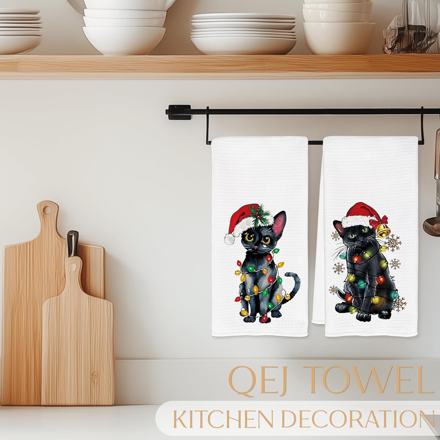 Black Cat Christmas Kitchen Dish Towels, Gifts for Cat Lovers, Funny Moody Black Kitten Xmas Lights Decorative Hand Tea Towels for Bathroom Kitchen, 16x24 Inch Set of 2 image 3