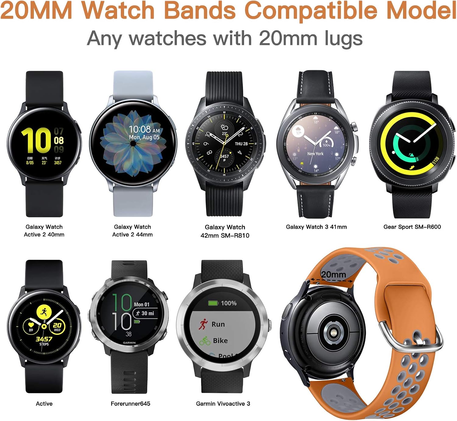 EZCO Sport Bands Compatible with Samsung Galaxy Watch Active 2 40mm 44mm / Active/Galaxy Watch 3 41mm, 20mm Soft Silicone Breathable Watch Strap Replacement Wristband Accessories Women Man