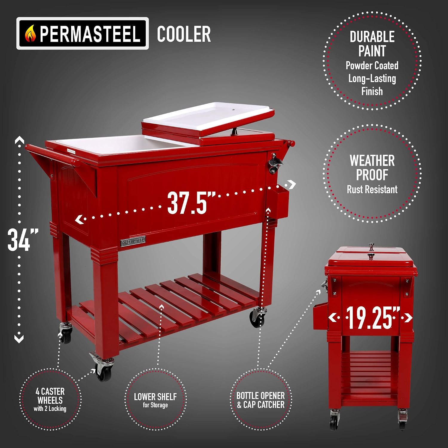 Permasteel PS-203F1-RED-AM 80 Quart Portable Rolling Patio Cooler, Red
