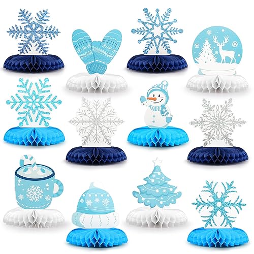 12PCS Winter Wonderland Party Decorations 3D Honeycomb Winter Centerpieces for