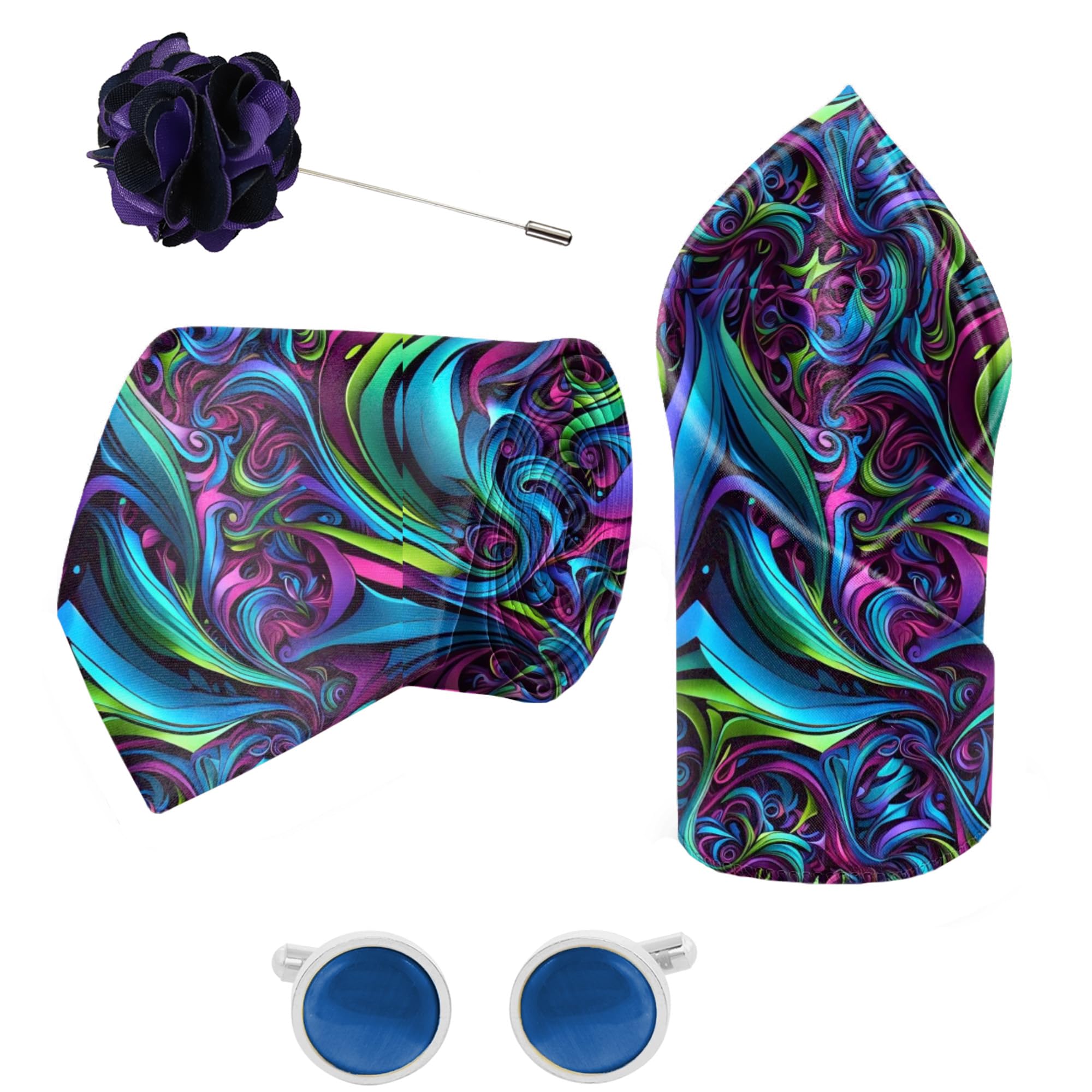 blacksmith Multicolor Waves Printed Tie and Pocket Square Set with Cufflink and Matching Flower Lapel Pin-picture-15