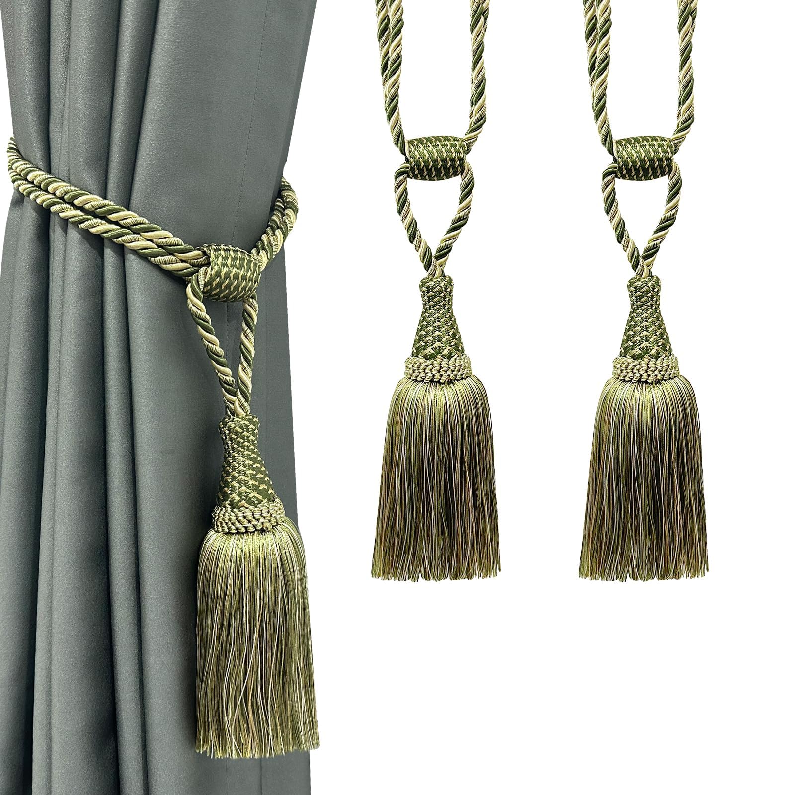Fenghuangwu Curtain Tiebacks Handmade Elegant Curtain Tie Backs Holdbacks with Tassel for Home Office Decor 2 Pack (Green)