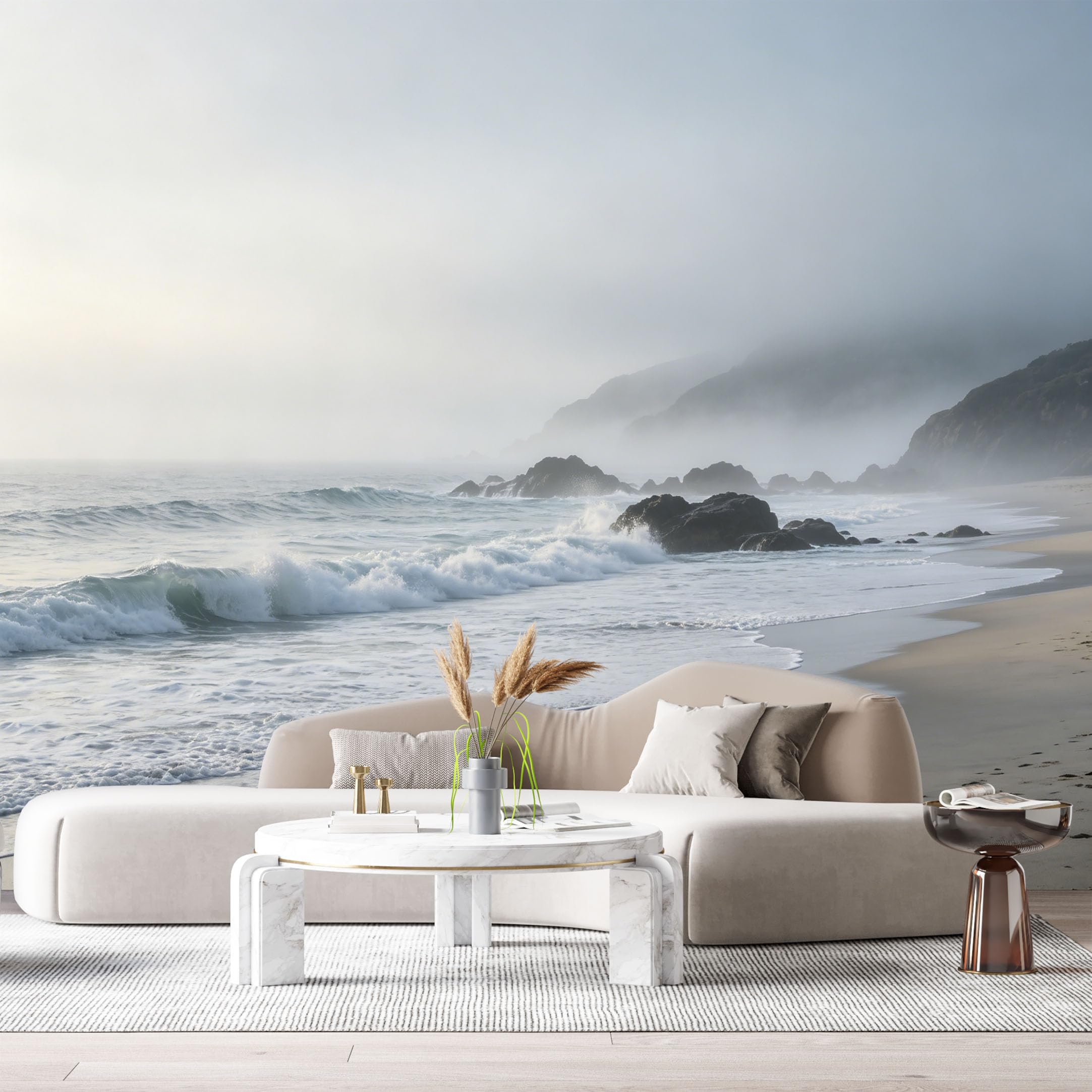 Custom Size Wall Murals Coastal Ocean Waves Rocky Shore Misty Beach Morning View SelfAdhesive Wall Fabric Removable Large Wallpaper for Photo Living Room