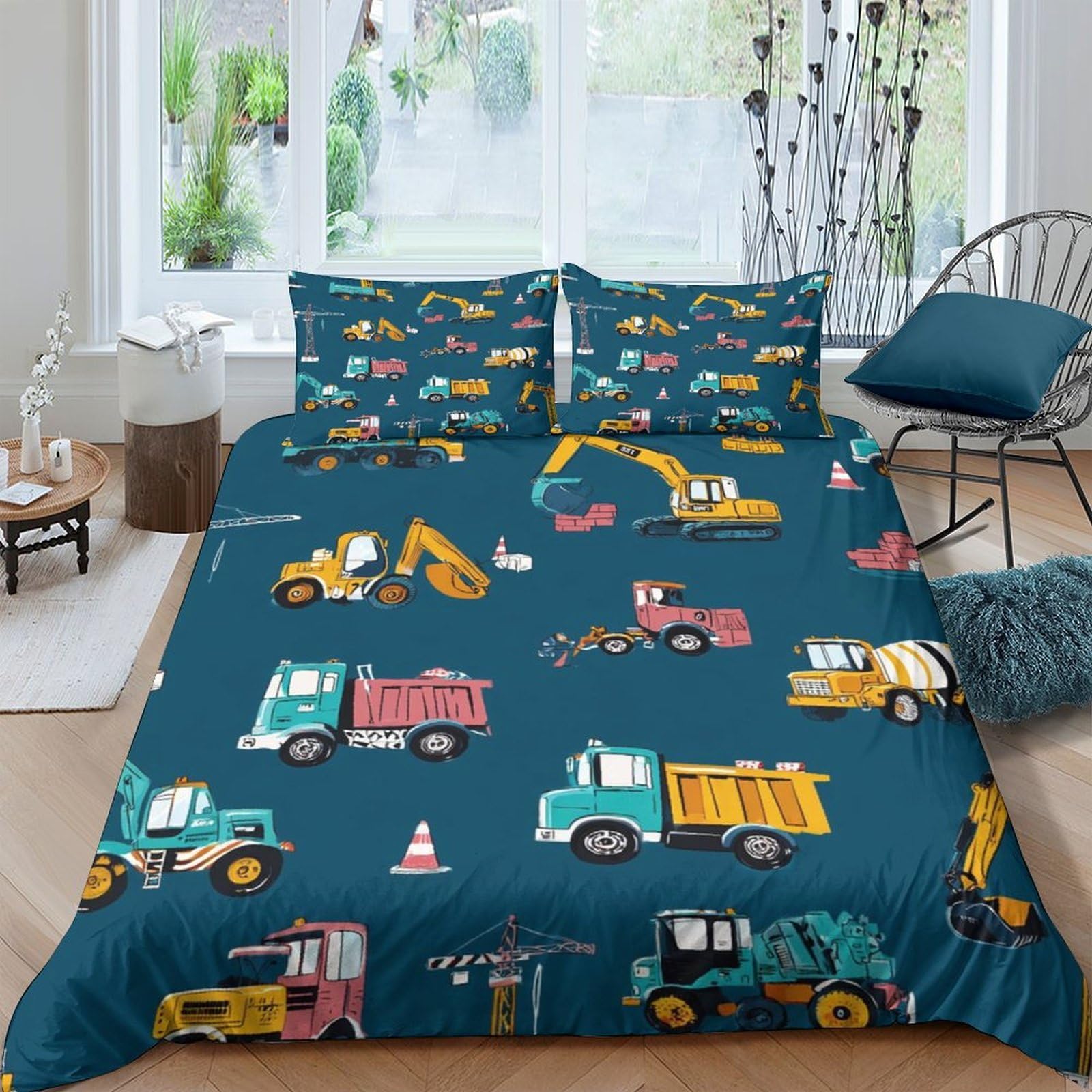 Ctjqhvkz Style-7 3D Printed Construction Vehicles Fitted Sheet Microfiber Soft Blue Trucks Bed Cover For Bedroom Dorm Mattress Protection Decor Single（135X200cm）