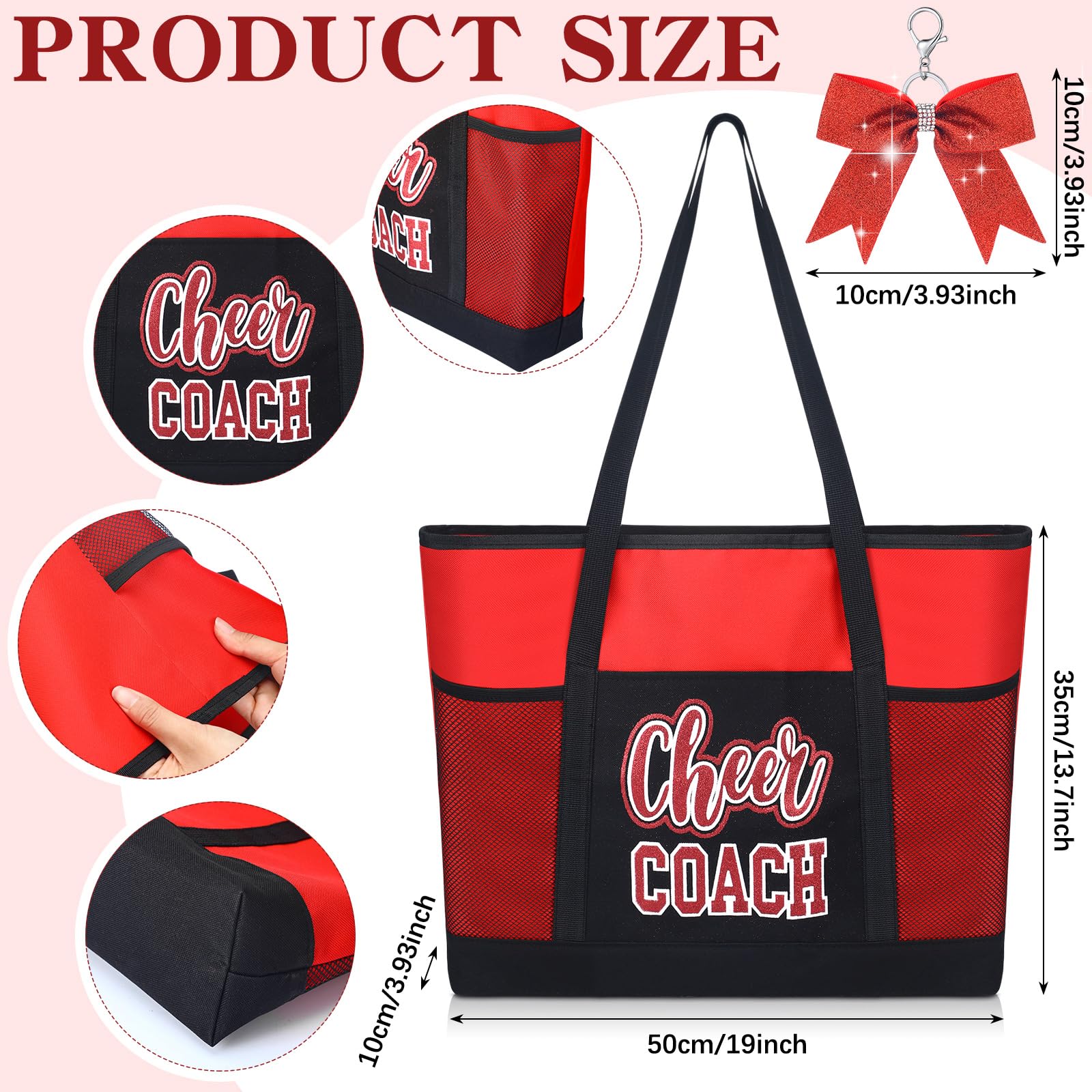 Cheer Coach Tote Bag for Women with Keychain Bow, 19.6x13.7x3.93'' Cheerleader Coach Bag Cheerleading Gift