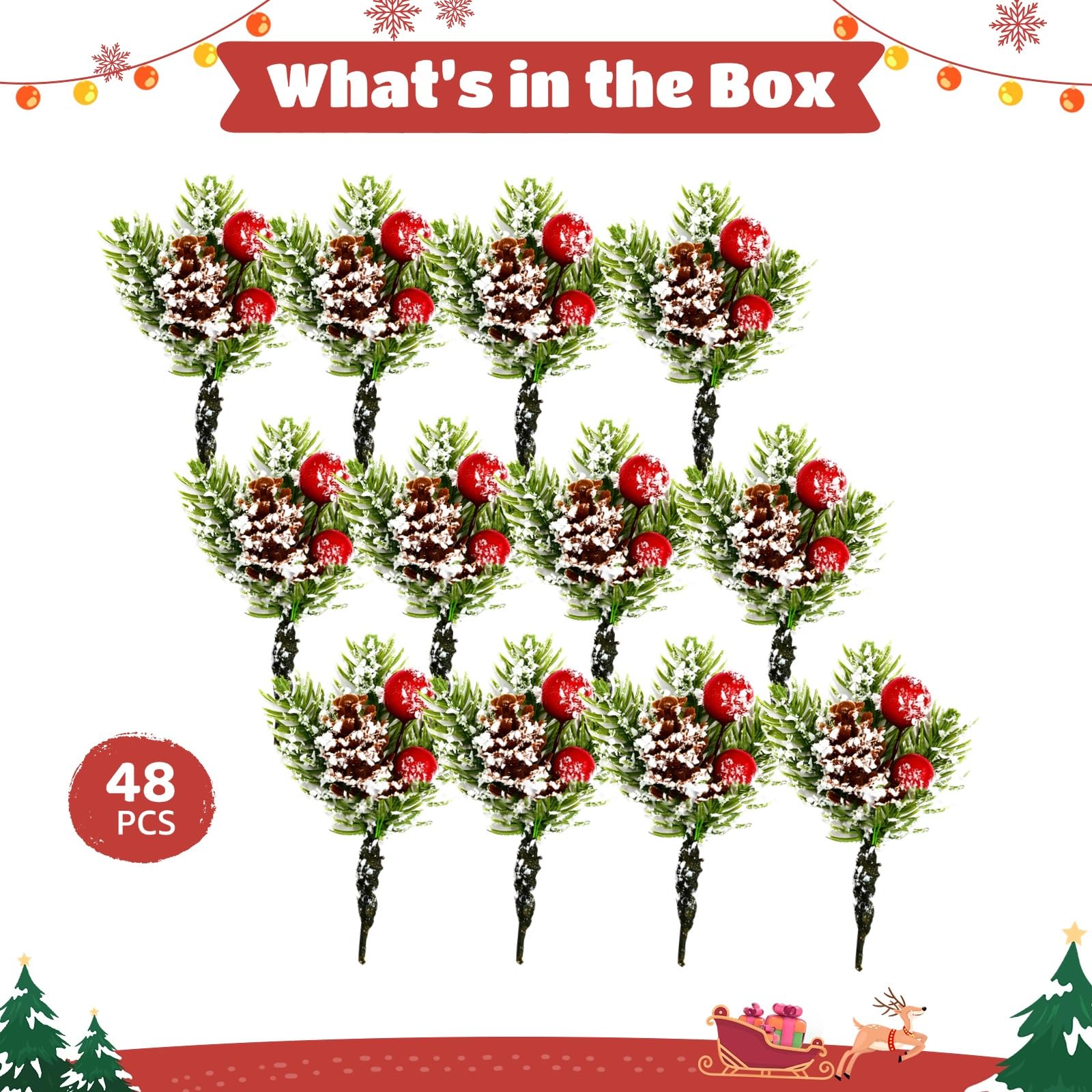 48 Stück Weihnachts Tannenzweige mit roten Beeren, künstliche Kieferzweige als Dekostäbe, für Weihnachtsbaum, Kranz und Girlande, winterliche Grünzweige für festliche Innen und Außendekoration