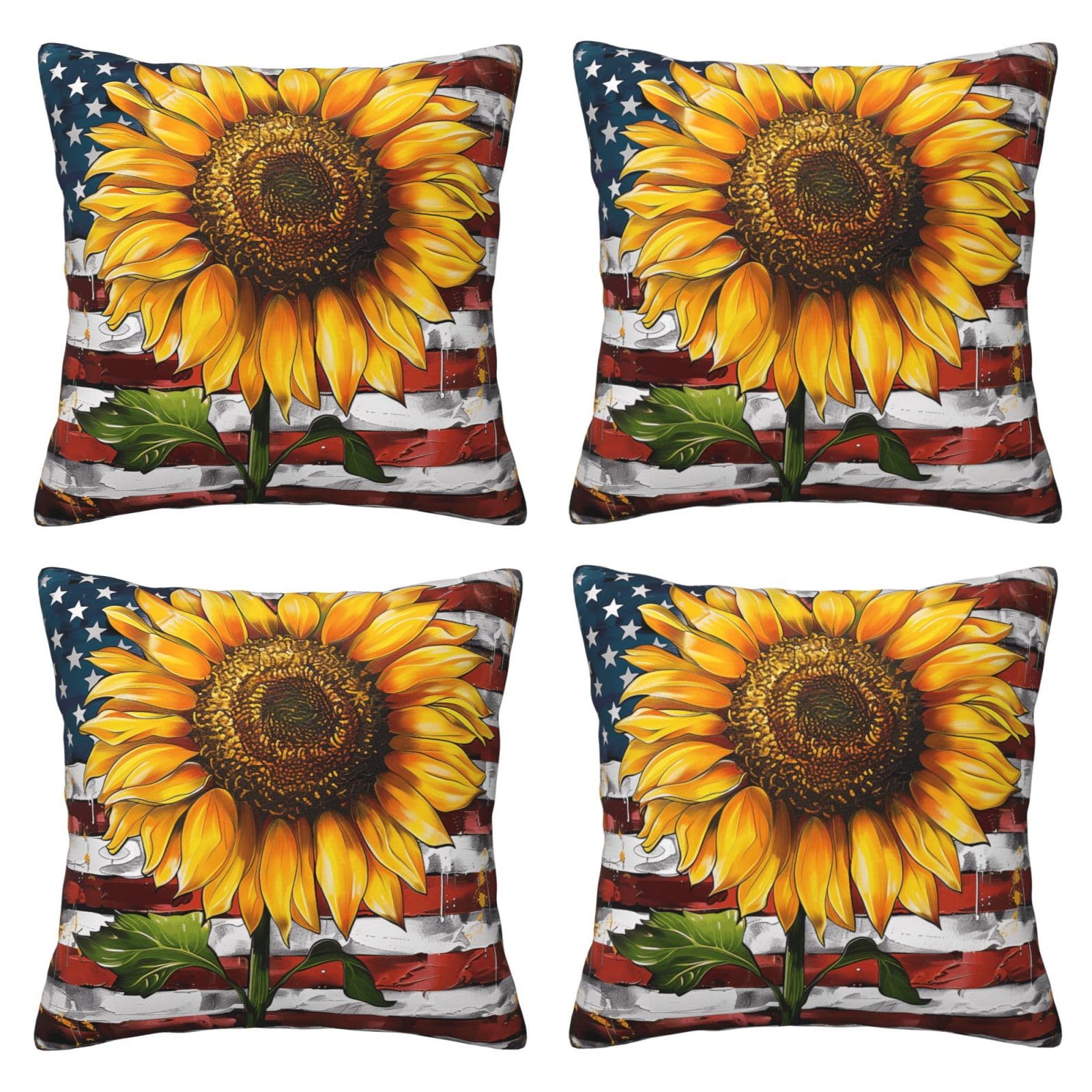 Sunflower And US Flag Throw Pillow Cases 4 Pack Square Pillowcases Super Soft Pillow Protectors With Zipper for Couch Livingroom Sofa Bed Office Car,50x50 CM