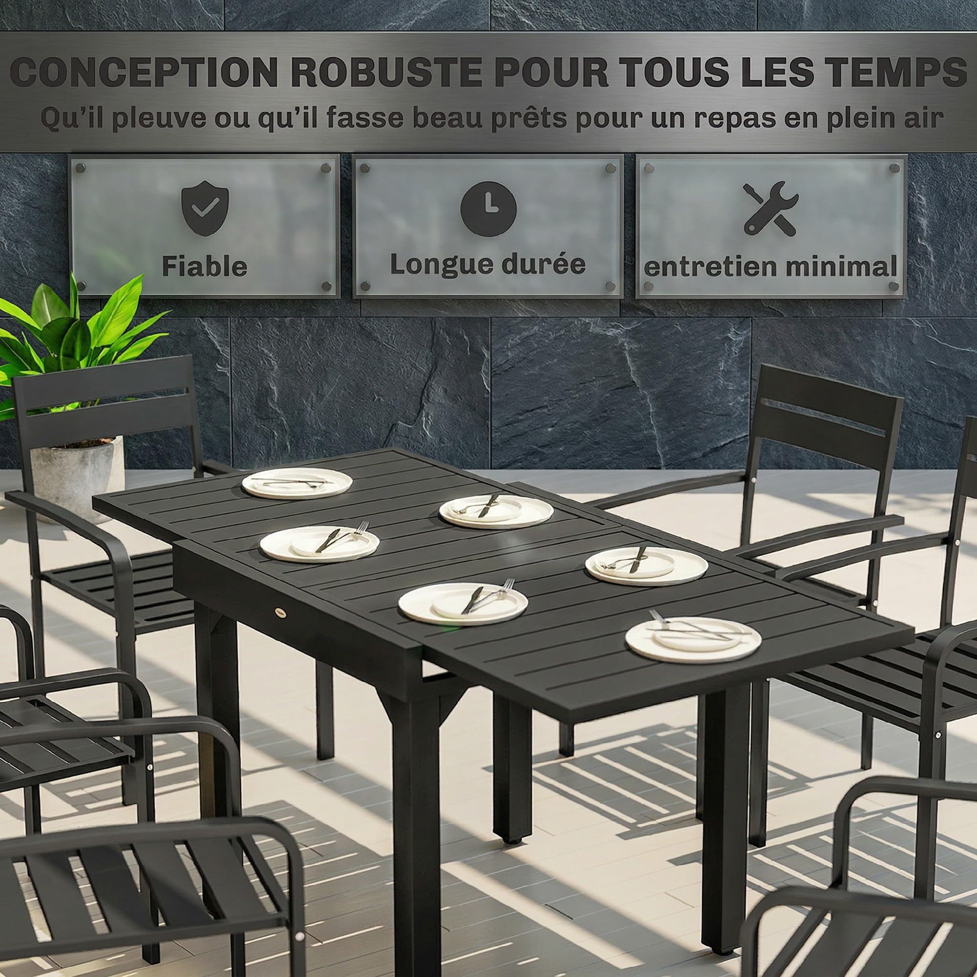 Outsunny Table de jardin extensible 160/80 x 80 x 75 cm aluminium acier noir 4-6 personnes