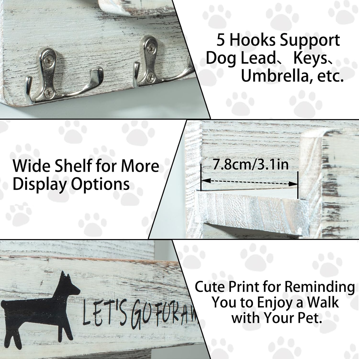 Wood Dog Leash Holder for Wall, Key Hanger with 5 Double Key Hooks image 3