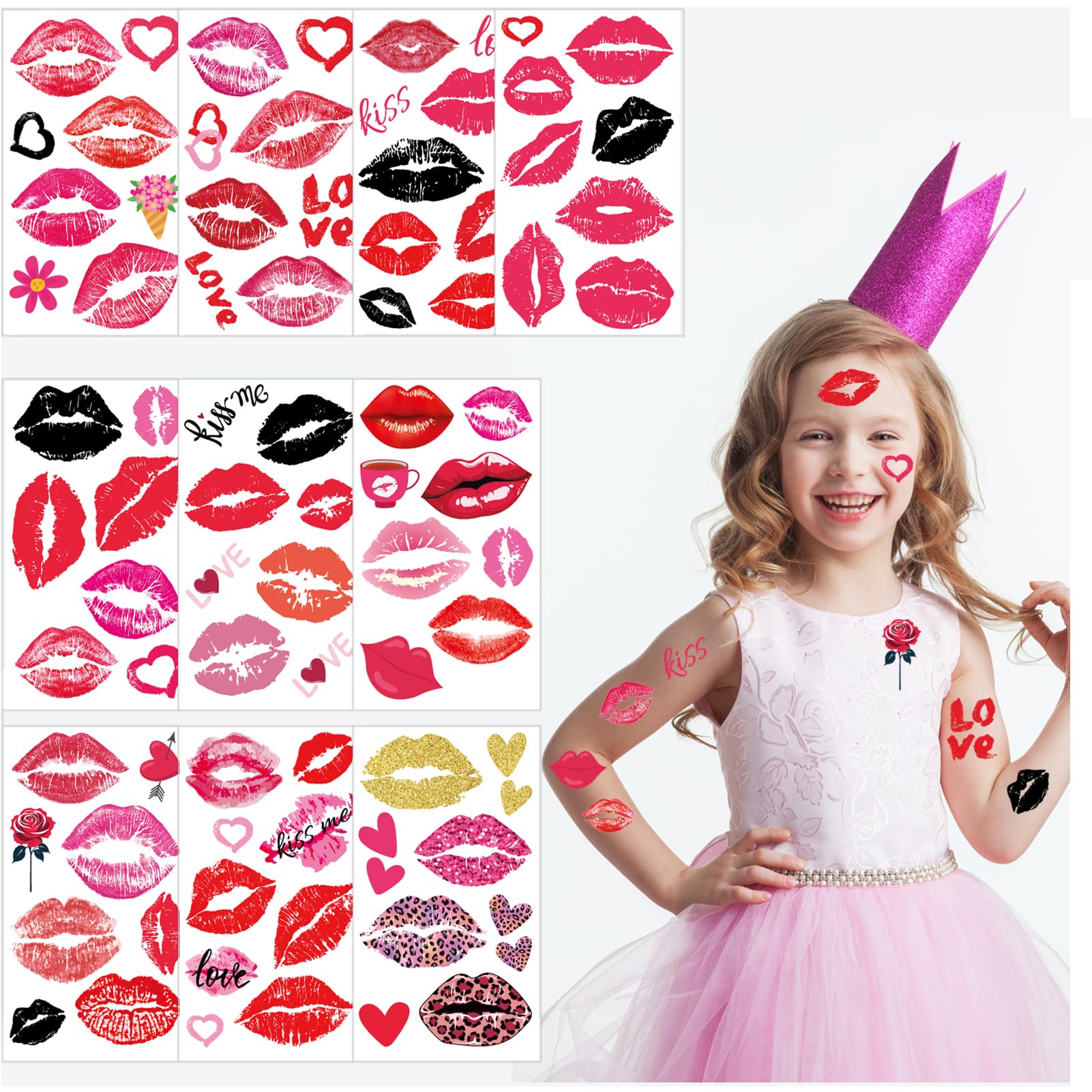 Konsait 84 PCS Kiss Temporary Tattoos Valentines Red Lip Tattoos Temporary for Kids Valentines Temporary Tattoos Lipstick Tattoo for Valentine's Day