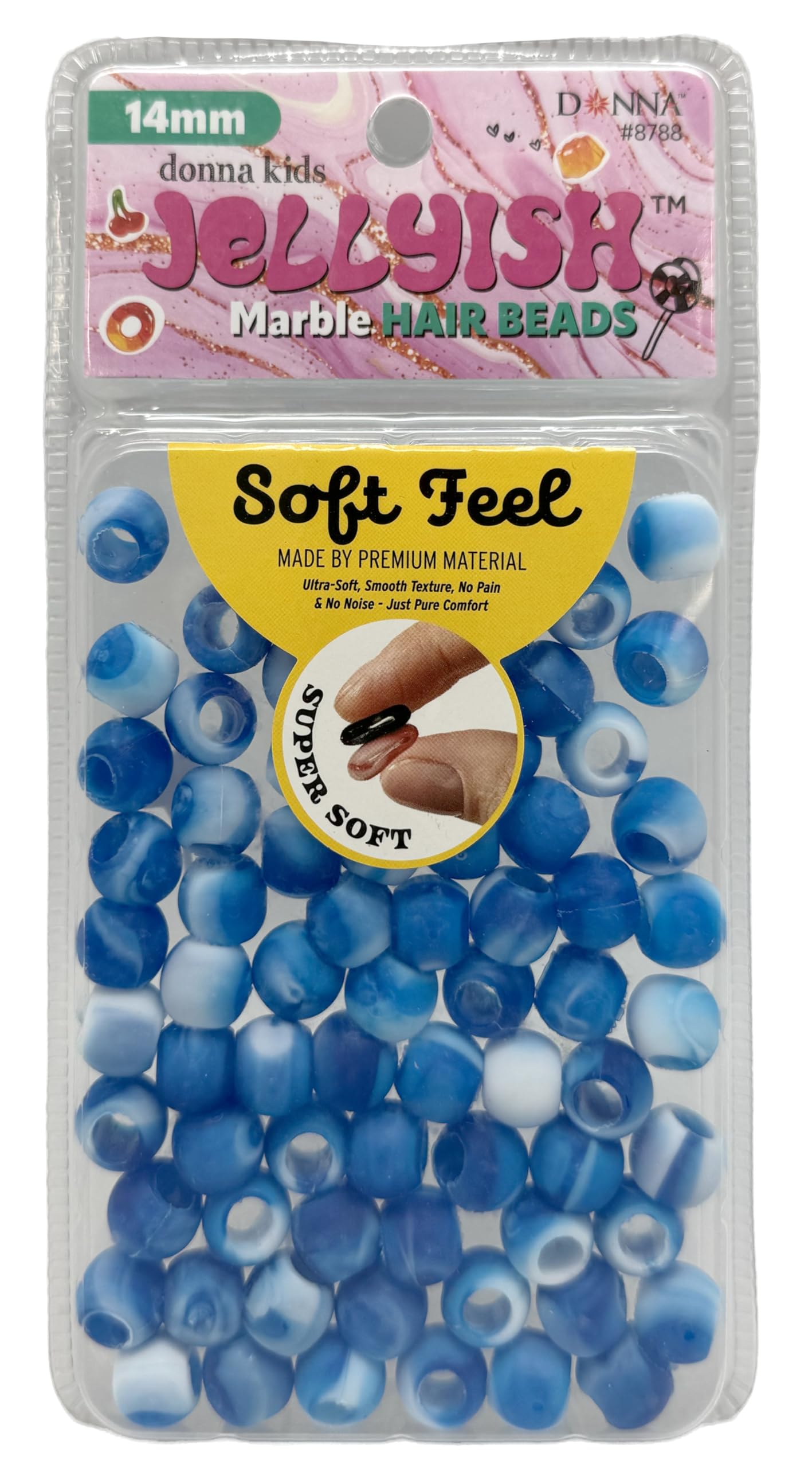 Donna Kids Jellyish Marble Hair Beads – 14mm Soft Silicone Bead with Threading Tool – Pain-Free, Noiseless Beads for Braids & Ponytails – Tangle-Free Design (Blue)