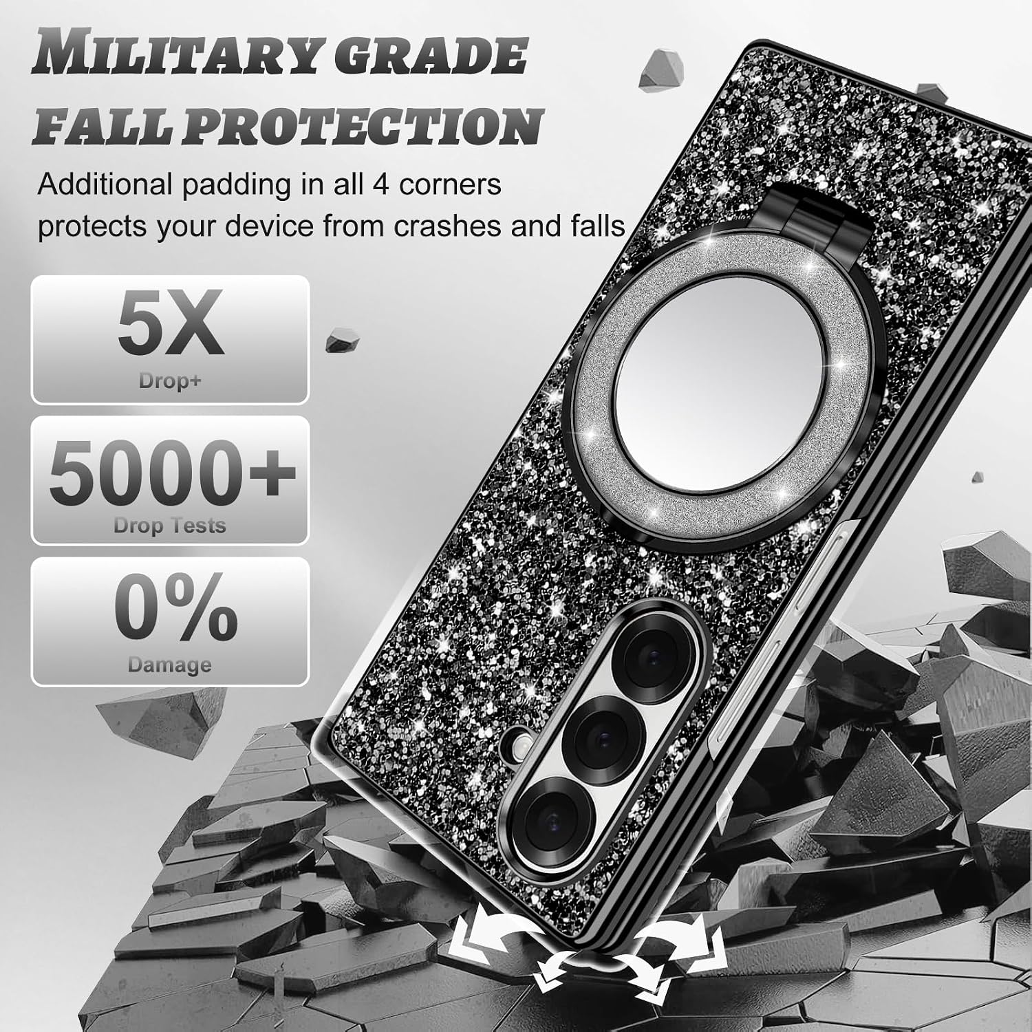 Silicone Case for Samsung Galaxy Z Fold 7 5G Phone Case Glitter Sparkle Bling Matte Back Cases with Mag-Safe, Makeup Mirror, Stand Shockproof Protective Cover for Samsung Z Fold 7 Funda (Black)