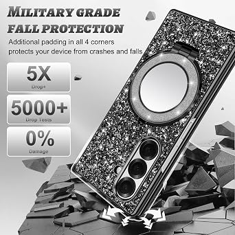 Silicone Case for Samsung Galaxy Z Fold 7 5G Phone Case Glitter Sparkle Bling Matte Back Cases with Mag-Safe, Makeup Mirror, Stand Shockproof Protective Cover for Samsung Z Fold 7 Funda (Black)