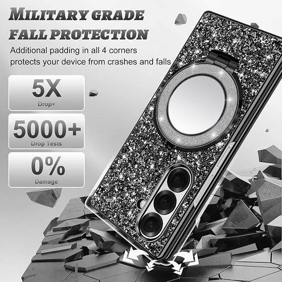 Silicone Case for Samsung Galaxy Z Fold 7 5G Phone Case Glitter Sparkle Bling Matte Back Cases with Mag-Safe, Makeup Mirror, Stand Shockproof Protective Cover for Samsung Z Fold 7 Funda (Black)