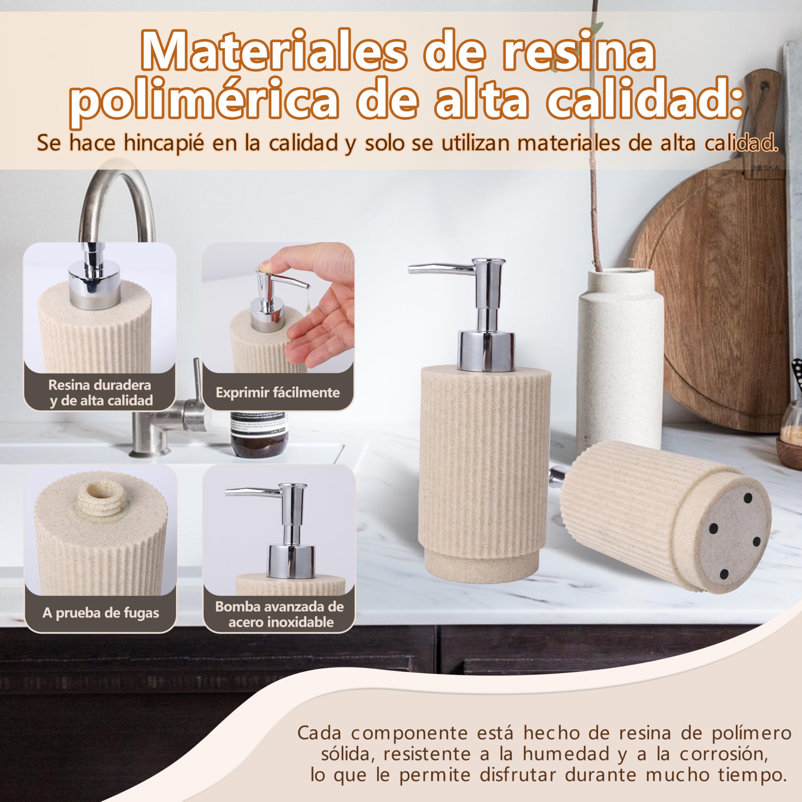 Set Completo de Accesorios de Baño 6 Piezas, Resina Beige Rayada | Dispensador de jabón, vaso, porta cepillos, bandeja, algodonero y organizador; conjunto completo para lavabo, tocador y baño.