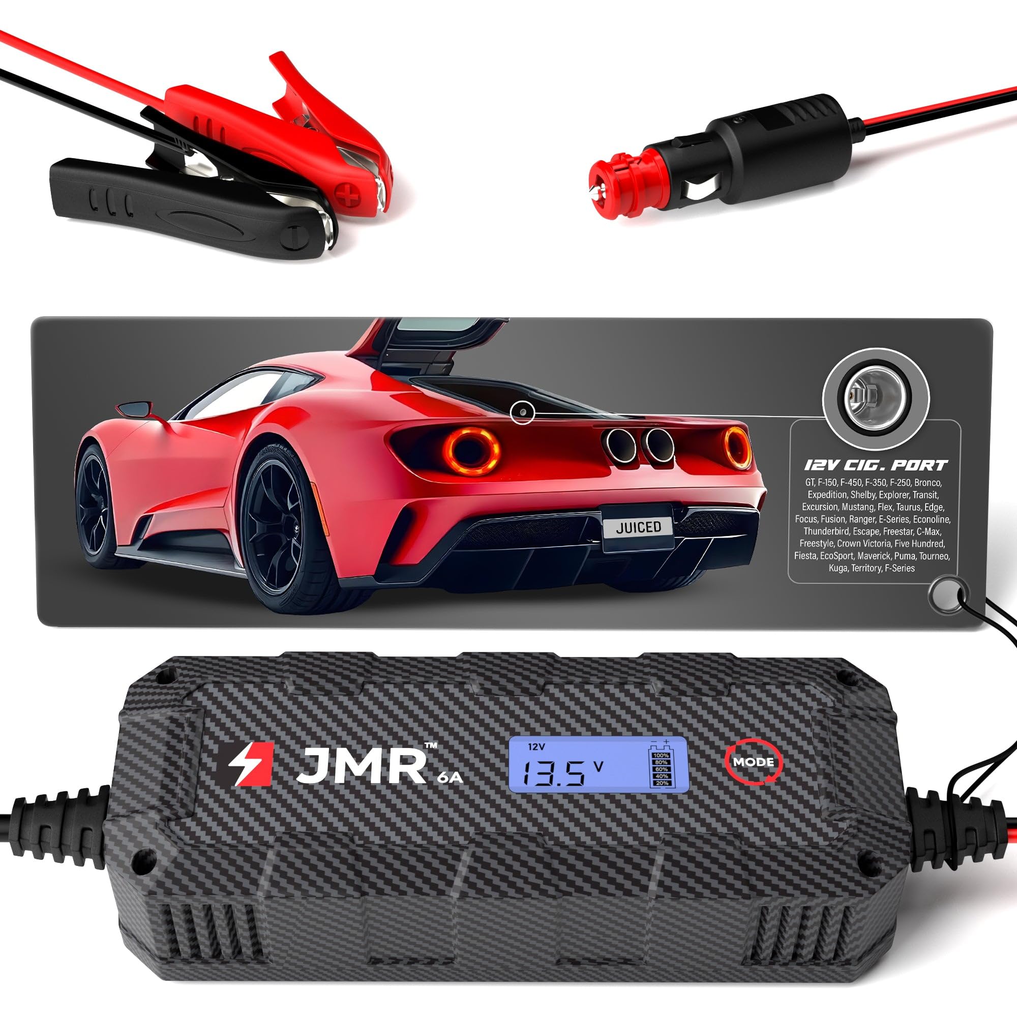 JMR Battery Charger for Ford GT F-150 F-450 F-350 F-250 Bronco Expedition Shelby Explorer Transit Excursion All Models Trickle Charger Conditioner Maintainer (No Lithium Mode)
