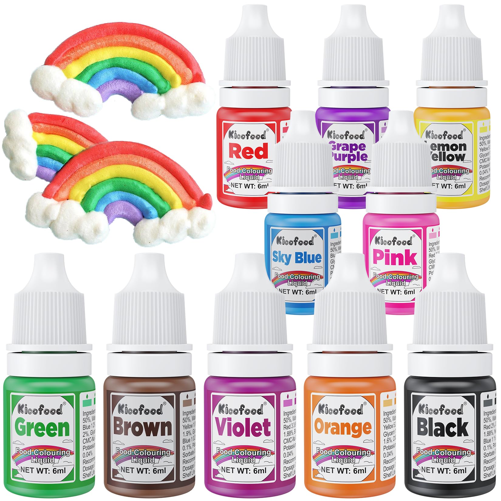 Food Colouring - 10 Colours Liquid Food Colouring Set, High Concentrated Food Dye for Baking, Macarons, Fondant, Cake Decorating Kit - 6ml/bottle