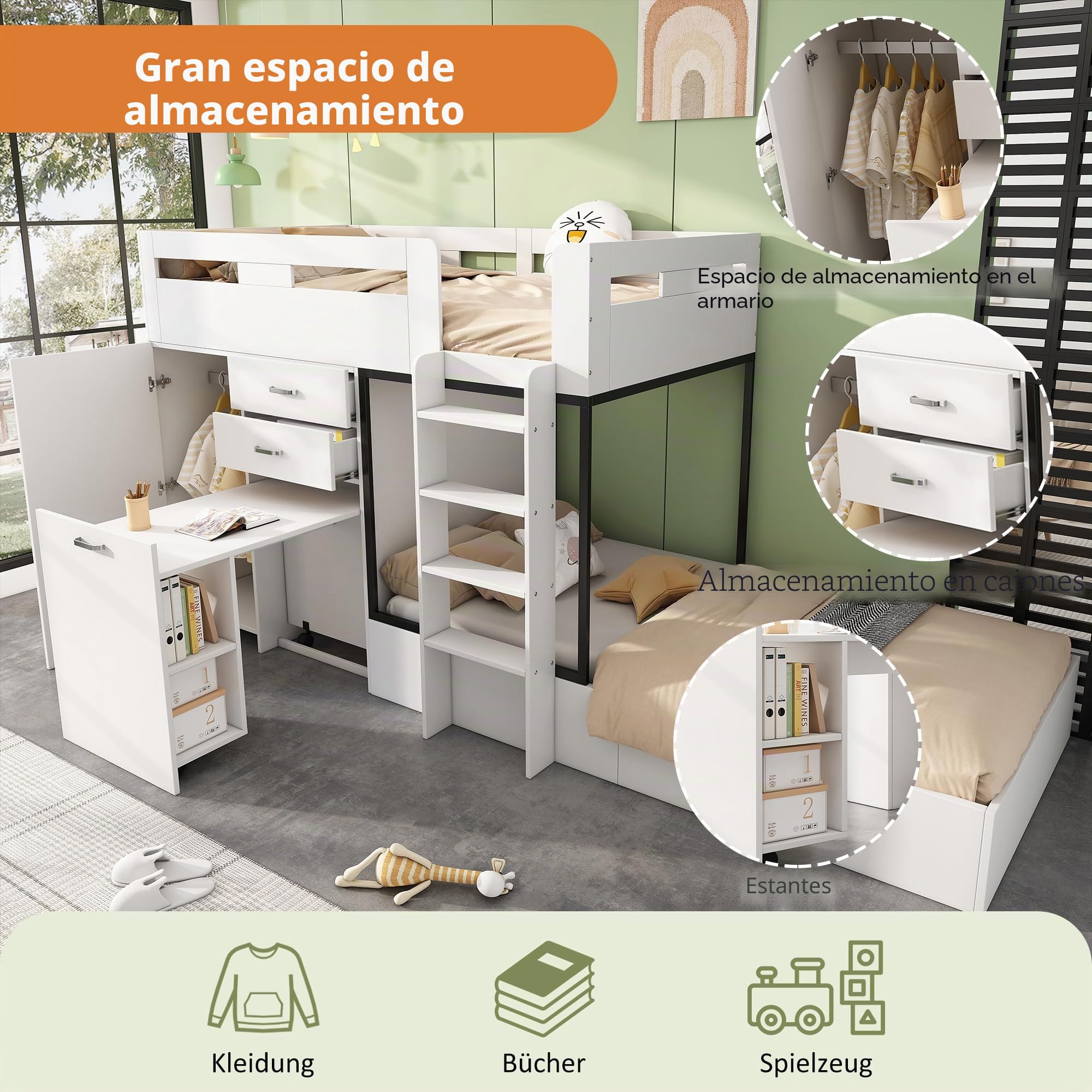 Sapgaks Litera infantil con escritorio extensible y armario, cama cabaña infantil 90 x 200 cm, cama infantil con cajón y estantes y escaleras, color blanco