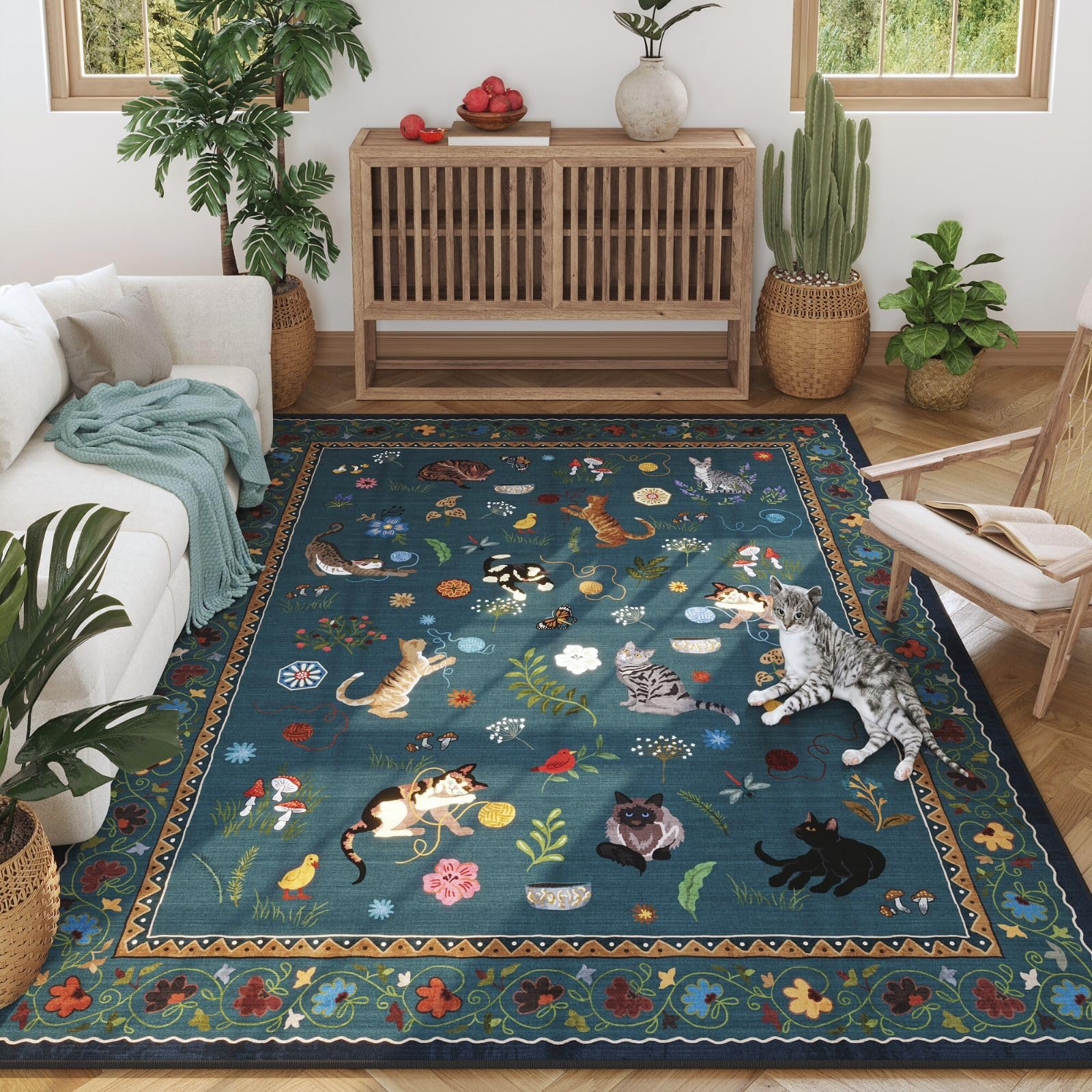 Rugcomf Living Room Rug 5x7 Rug Machine Washable Boho Area Rug Non-Slip Flower Animal Cat Vintage Low Pile Large Rug for Living Room Bedroom Farmhouse Dining Room
