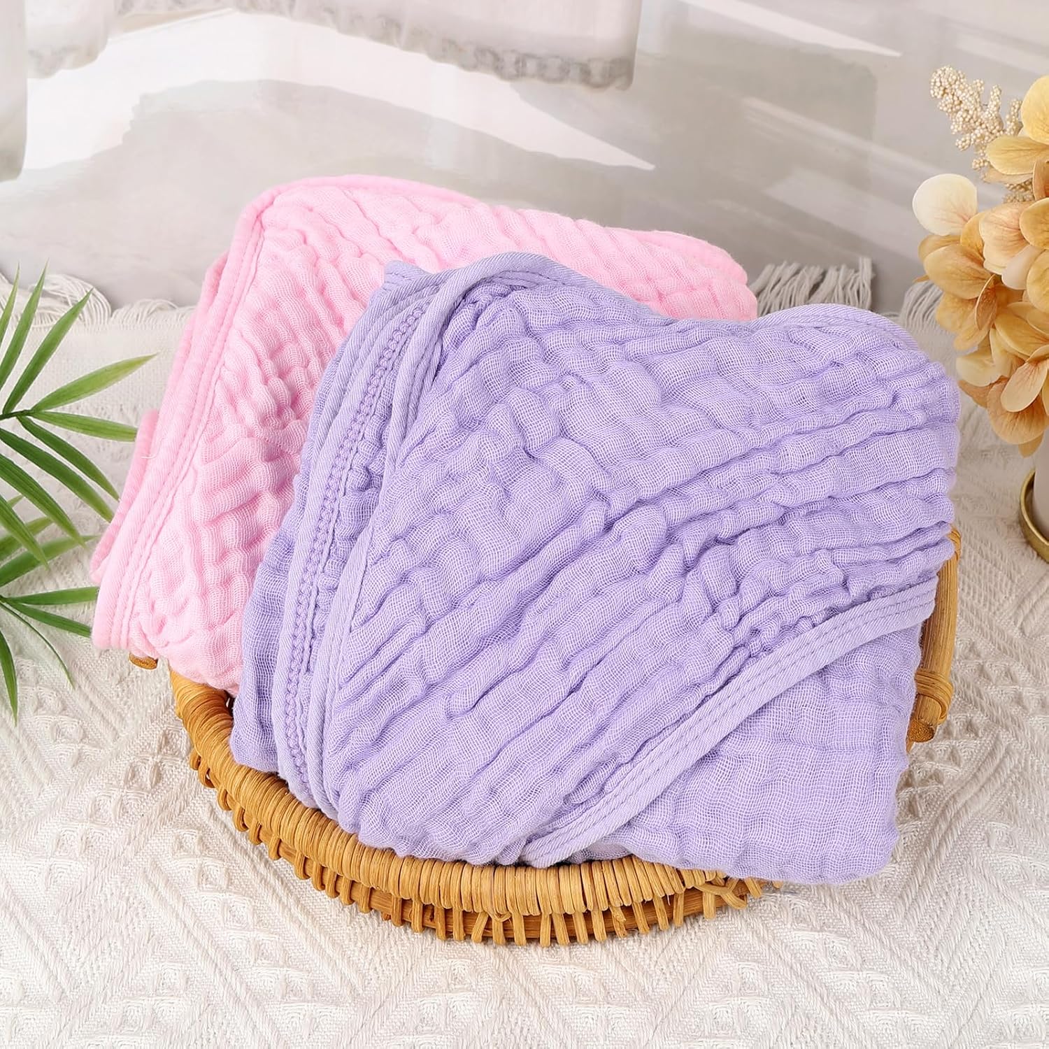 Synrroe 2 Pack Hooded Muslin Cotton Baby Towels, 32x32Inch, Pink & Purple - Image 3