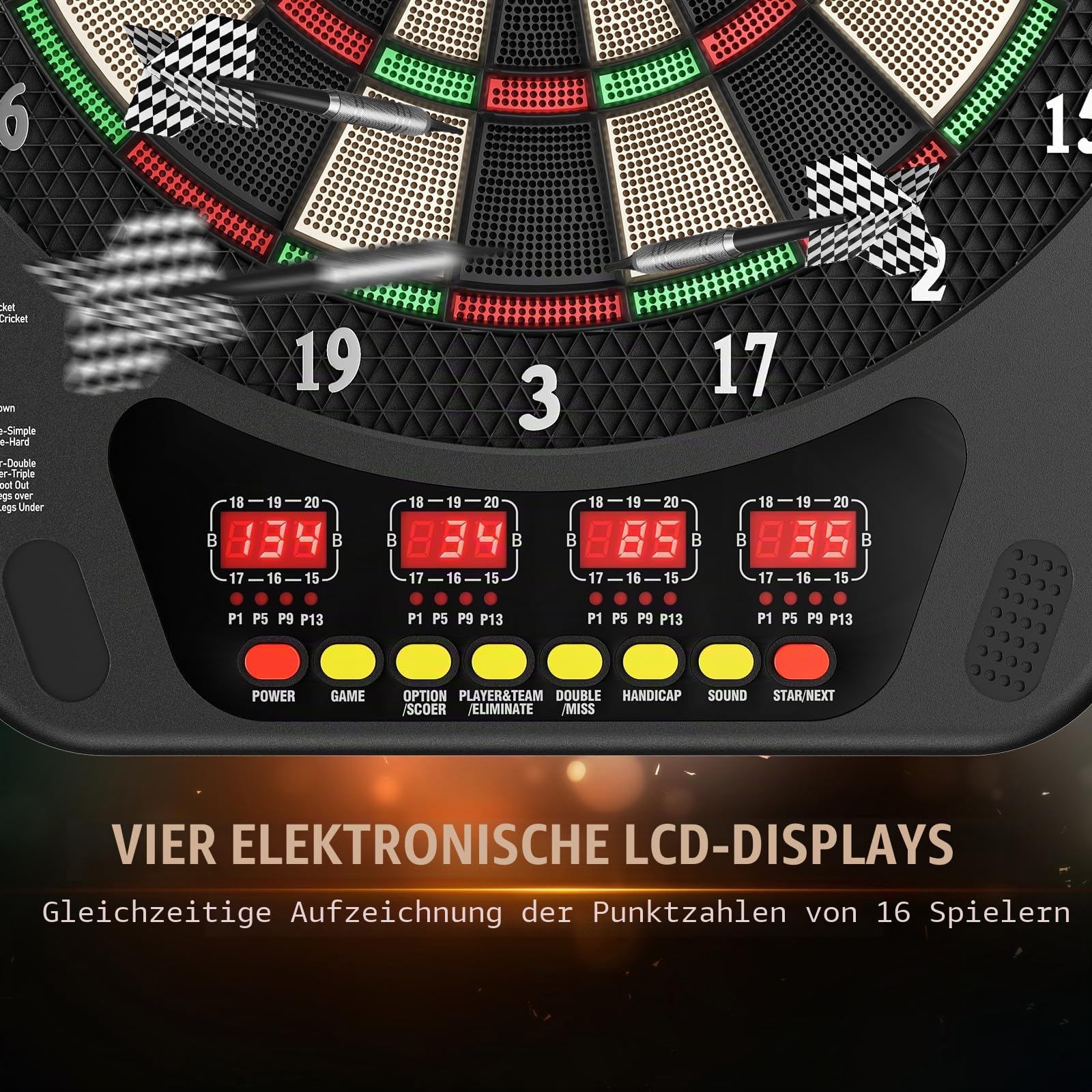 elektronische Dartscheibe Professionelle mit 6 Darts, Innovative Dartmaschine + Zubehör für 1 bis 16 Spieler