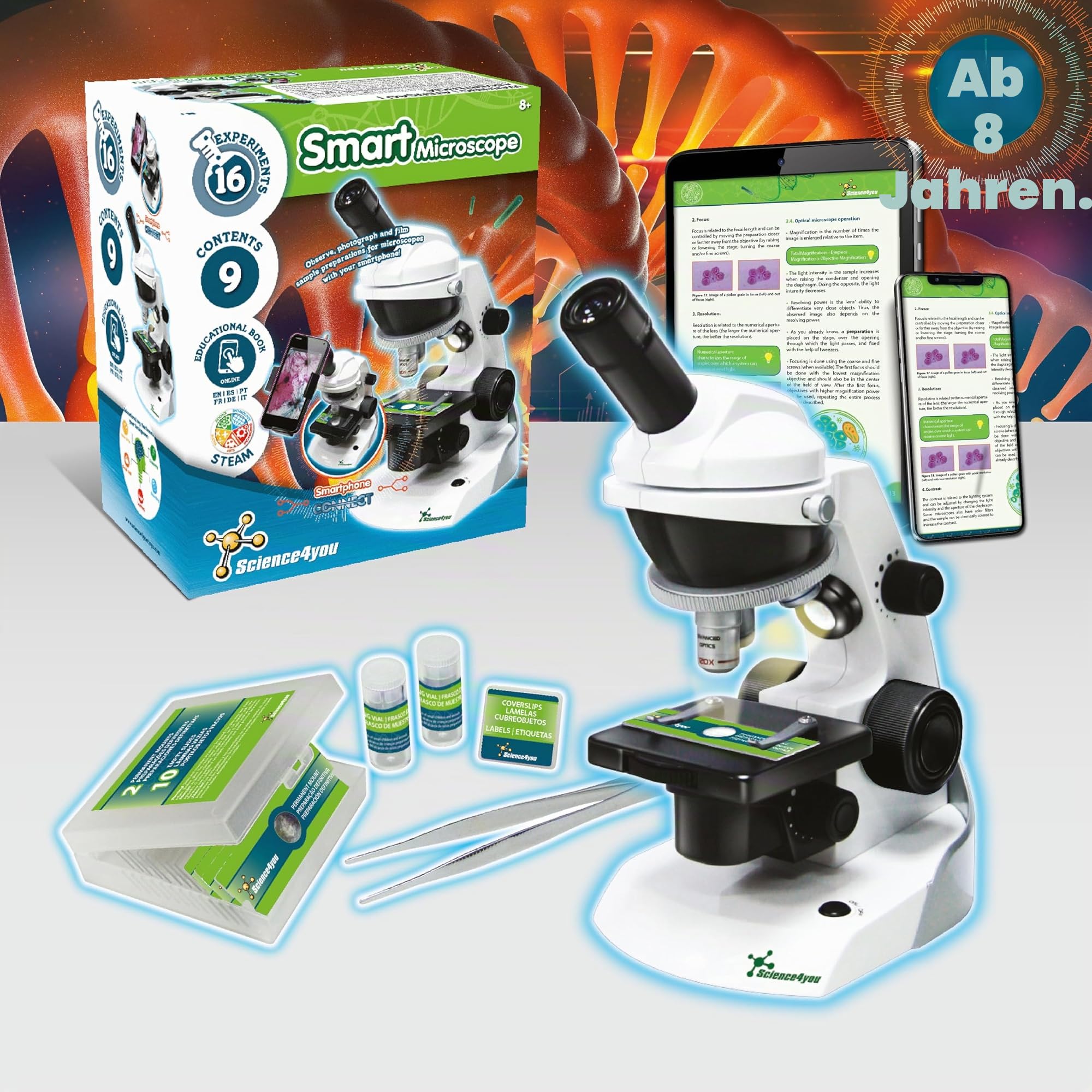 Science4you Mikroskop fur Kinder ab +8 Jahre - Chemiebaukasten mit Objettrager und Smartphone Mikroskop, Forscherset mit 15 Experimente, Schulerlabor und Lehrspiel fur Kinder 8-14 Jahre