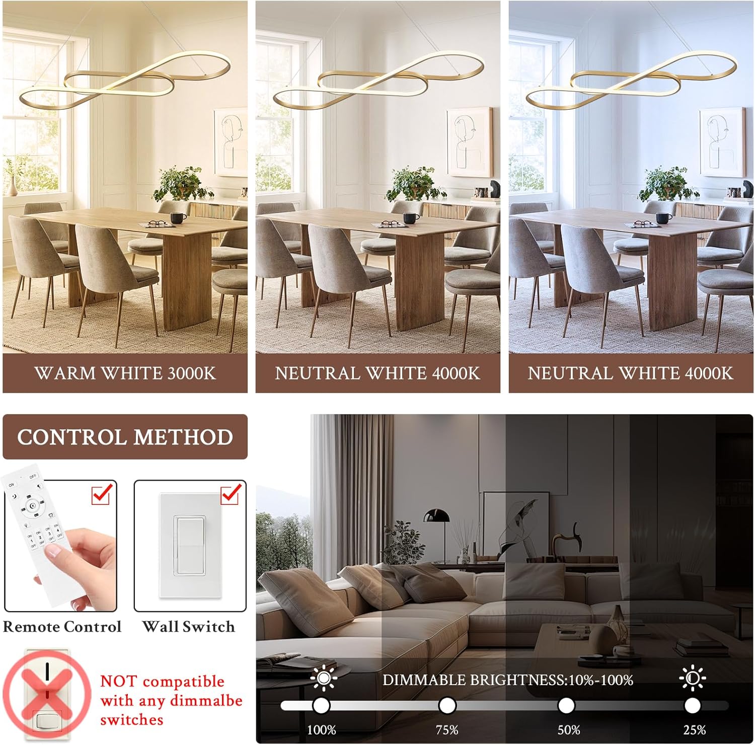 modern led chandelier gold dimmable led pendant light for dining room light fixture over table modern kitchen island lighting high ceiling with remote for living room(42 inch, 3000k-6500k) gold 42in