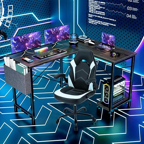 Miniatura 5 de Sweetcrispy Escritorio para juegos en forma de L, escritorio de esquina para computadora, mesa de escritorio para juegos de PC con soporte para CPU,