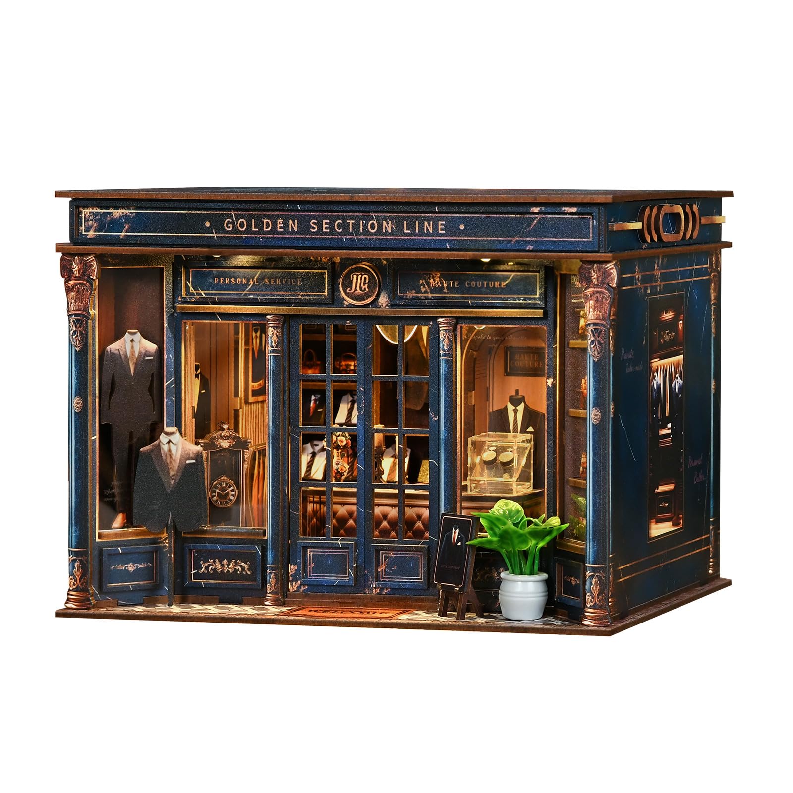 Chinoket Book Nook Kit-Golden Section Line-Tailor Shop（Retro Luxury Style）,DIY 3D Miniature Wooden Puzzle with LED Lights,Bookshelf Decor Craft Kit for Adults and Teens,Perfect Home Decor & Gifts