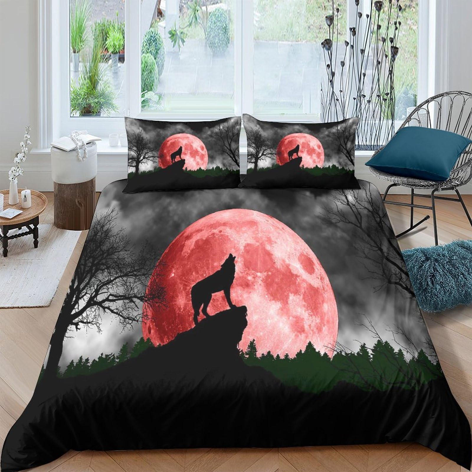 GPLZQXKJNH 3D Printed Red Moon Wolf Duvet Cover Set Microfiber Soft Breathable Forest Sky Bedding with 2 Pillowcases for Bedroom Single（135x200cm）