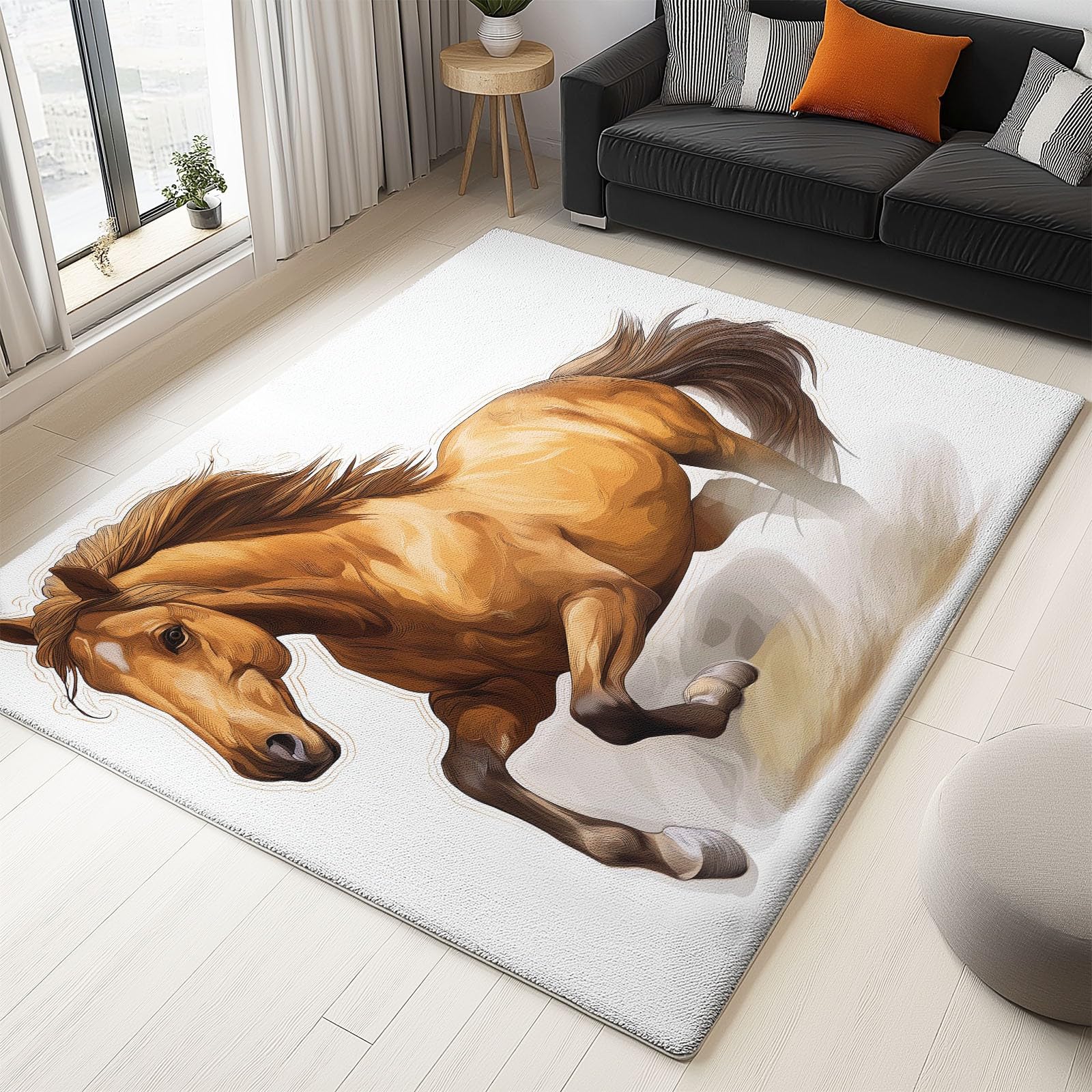 Tapis de salon 140x200 cm à poils courts avec motif cheval et envers en caoutchouc antidérapant