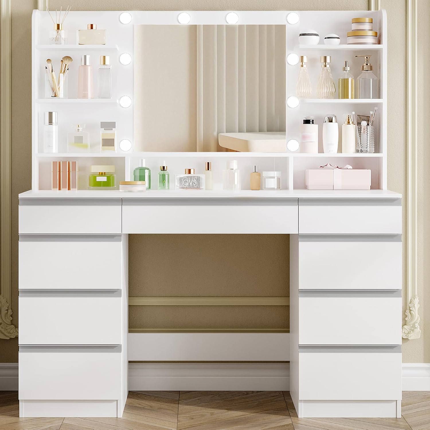 Hzuaneri Dressing Table with Bulb Light, Vanity Desk with 1 Large Drawer and 8 Small Drawer Cabinets, Adjustable Brightness, Large HD Mirror, 9 Open Storage Areas, 108 cm Desktop, White DT35703W