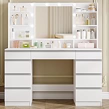Hzuaneri Dressing Table with Bulb Light, Vanity Desk with 1 Large Drawer and 8 Small Drawer Cabinets, Adjustable Brightness, Large HD Mirror, 9 Open Storage Areas, White DT35703W
