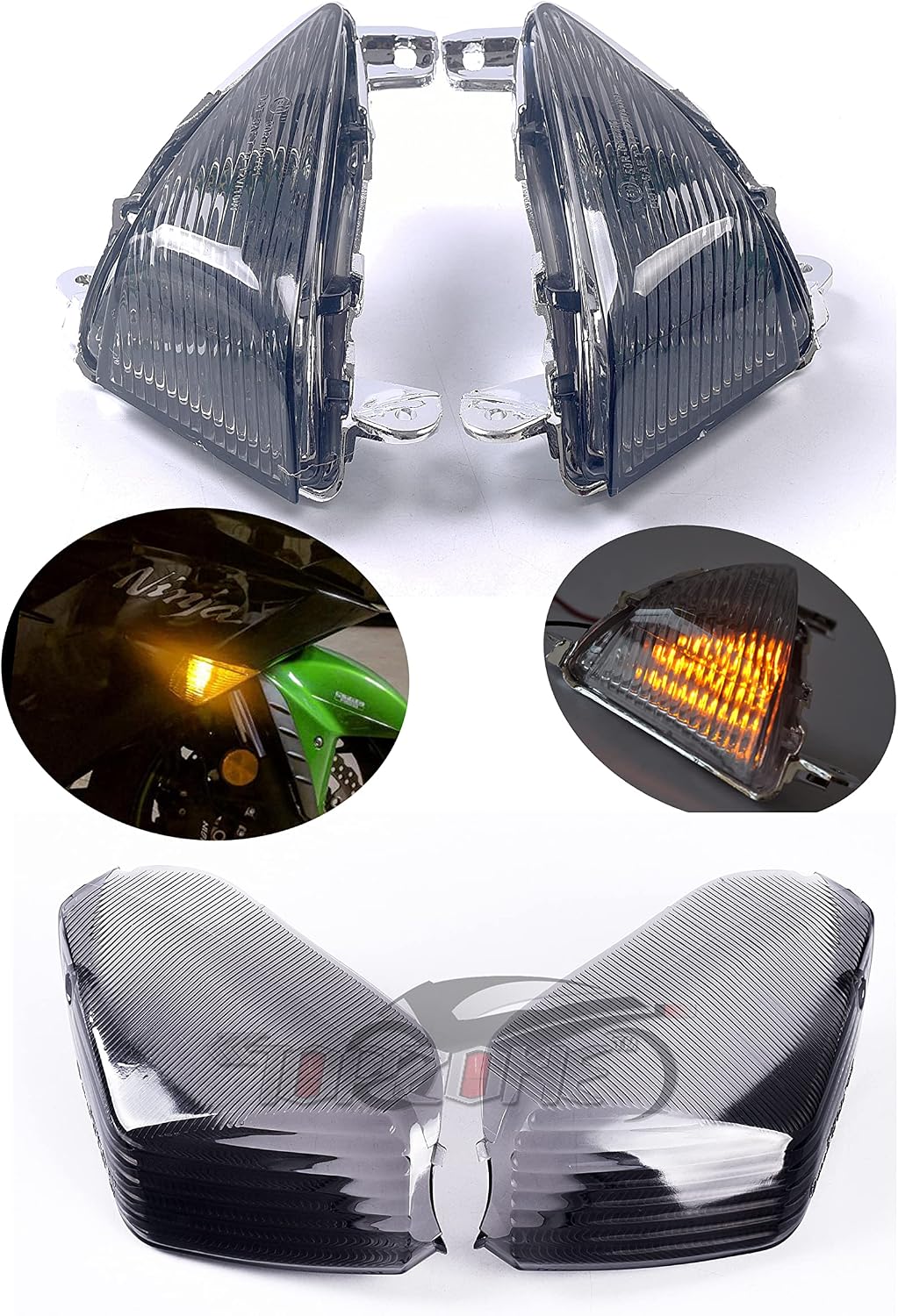 TOPZONE Front + Rear Turn Signal Idicators Fit KA-WASAKI 2006-2007 Ninja ZX-10R; 2006-2019 Ninja ZX-14R; 2008-2017 Concours 14 (Fron Idicator With Bulbs + Rear Idicator Lens, Transparent)