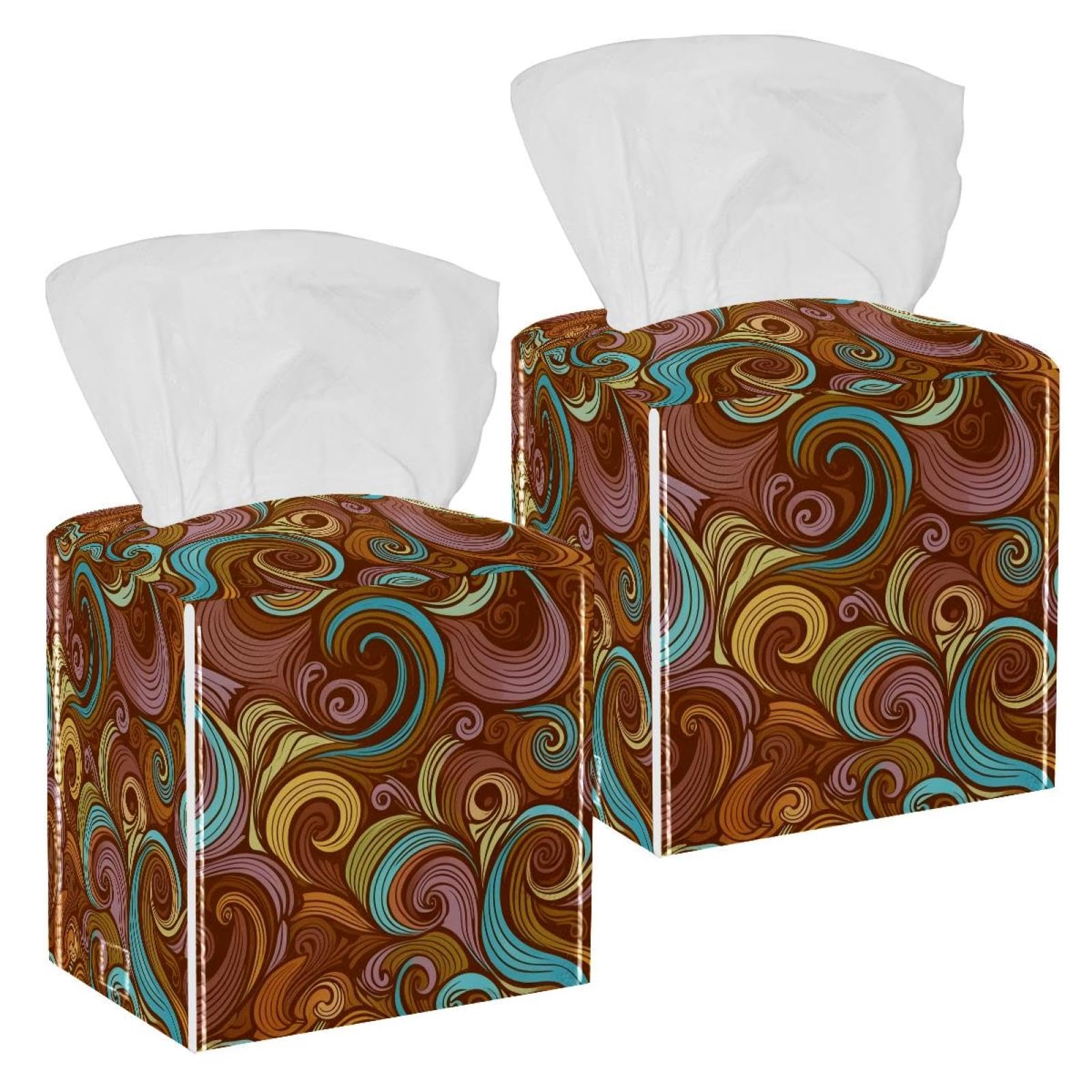 Swirls and Waves Tissue Box Cover, 2 Pack PU Leather Square Facial Tissue Dispenser Box holder for Home Office Car