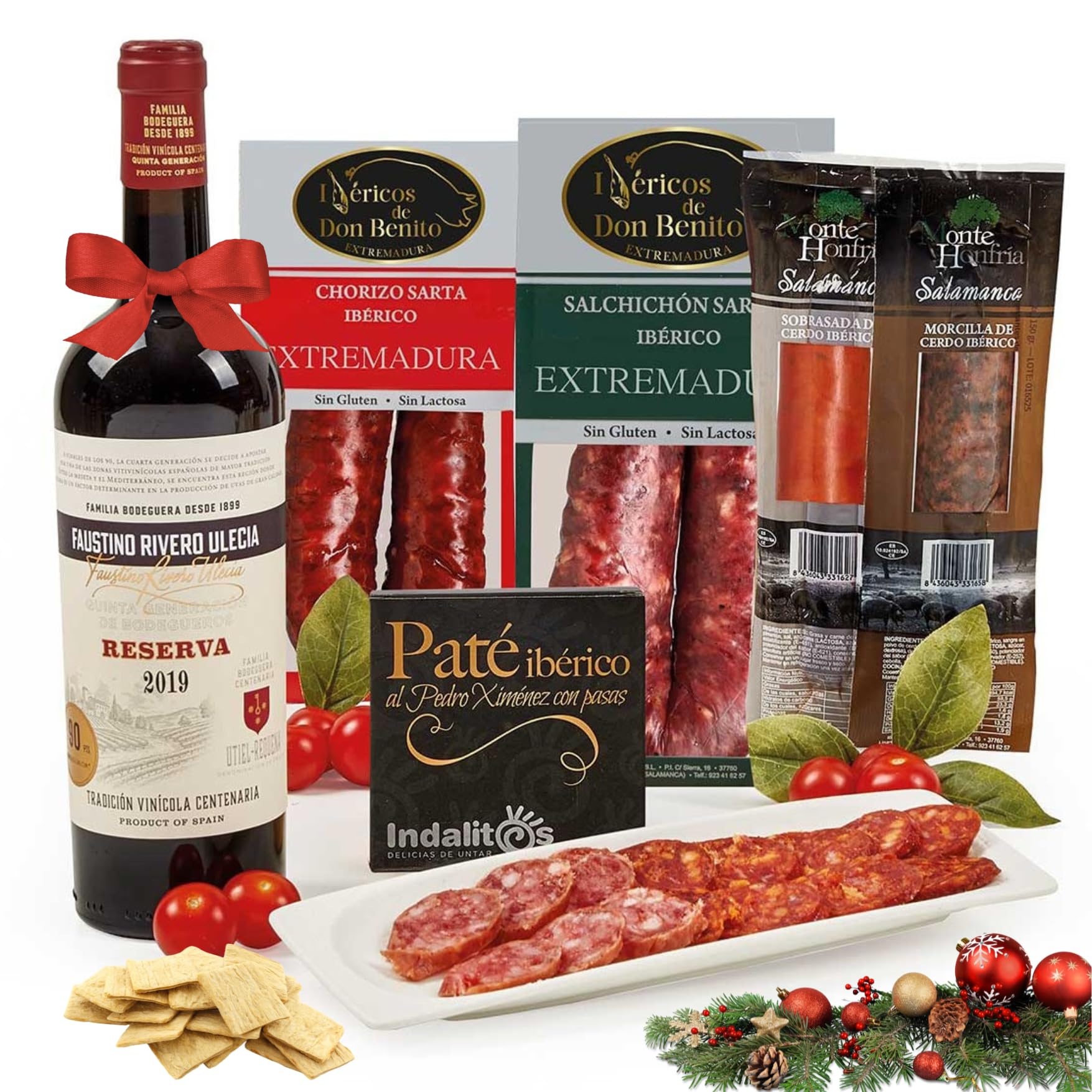 FAMILYCOM. Cesta Navidad Gourmet. Surtido con Ibericos para Regalo. Lote de Ibericos, Embutidos, Selección de Vino, Sobrasada, Morcilla, Paté.
